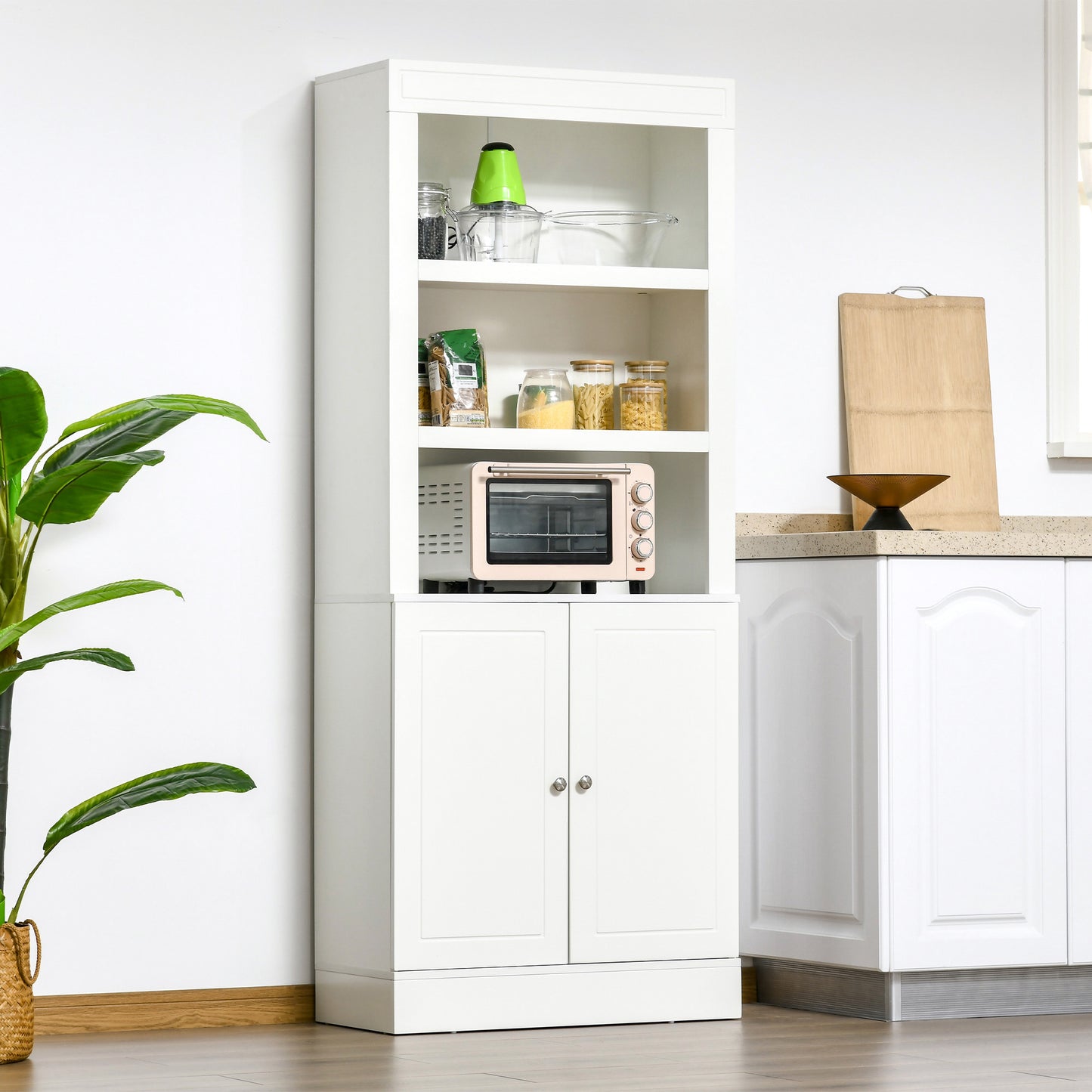 HOMCOM 72" Kitchen Buffet with Hutch, Freestanding Cupboard, Pantry with 6-Tier Shelving, 2 Doors Cabinet with Adjustable Shelves, White, Wood Grain