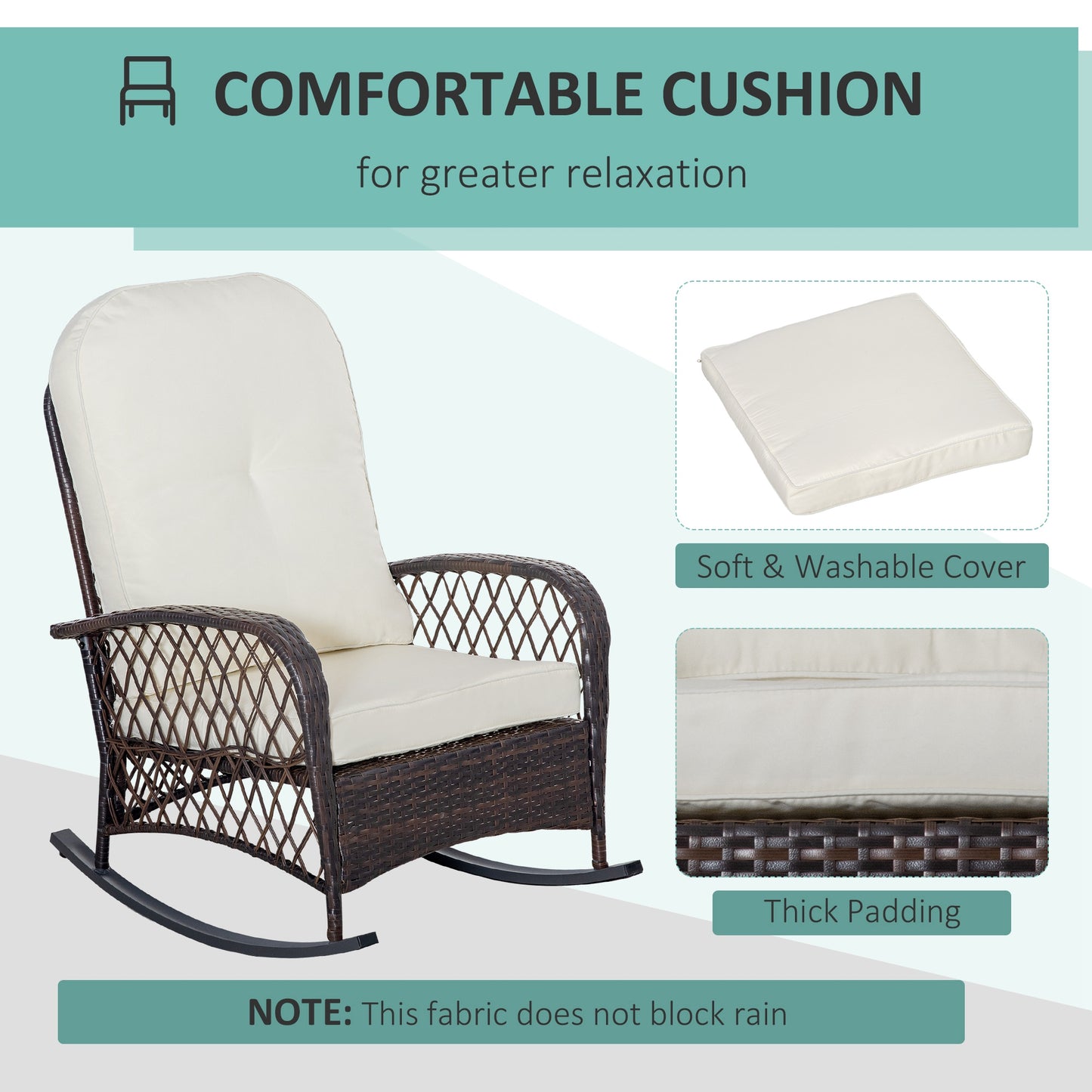 Outsunny Rattan Rocking Chair, Outdoor Wicker Patio Rocker Chair Furniture with Thick Cushions, for Garden Backyard Porch, Khaki