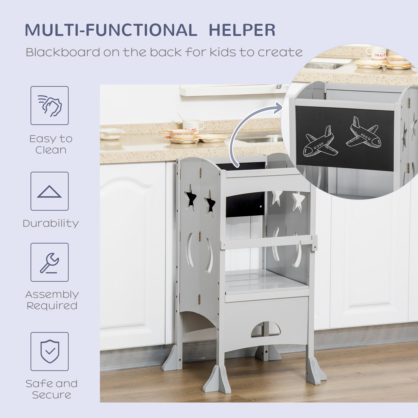 Qaba Kids Kitchen Helper Foldable Step Stool Toddler Kitchen Stool with Blackboard Lockable Handrail for 3-6 Years old Grey