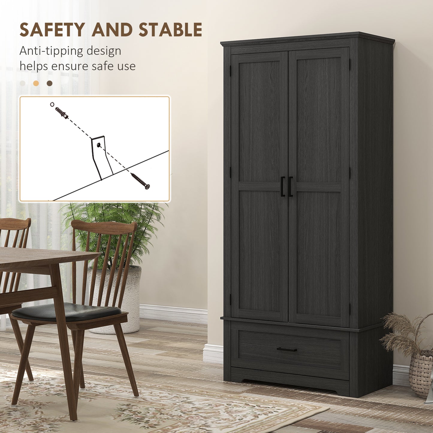 HOMCOM 69" Tall Farmhouse Kitchen Pantry Cabinet with 2 Doors, Drawer and Adjustable Shelves, Black Wood Grain