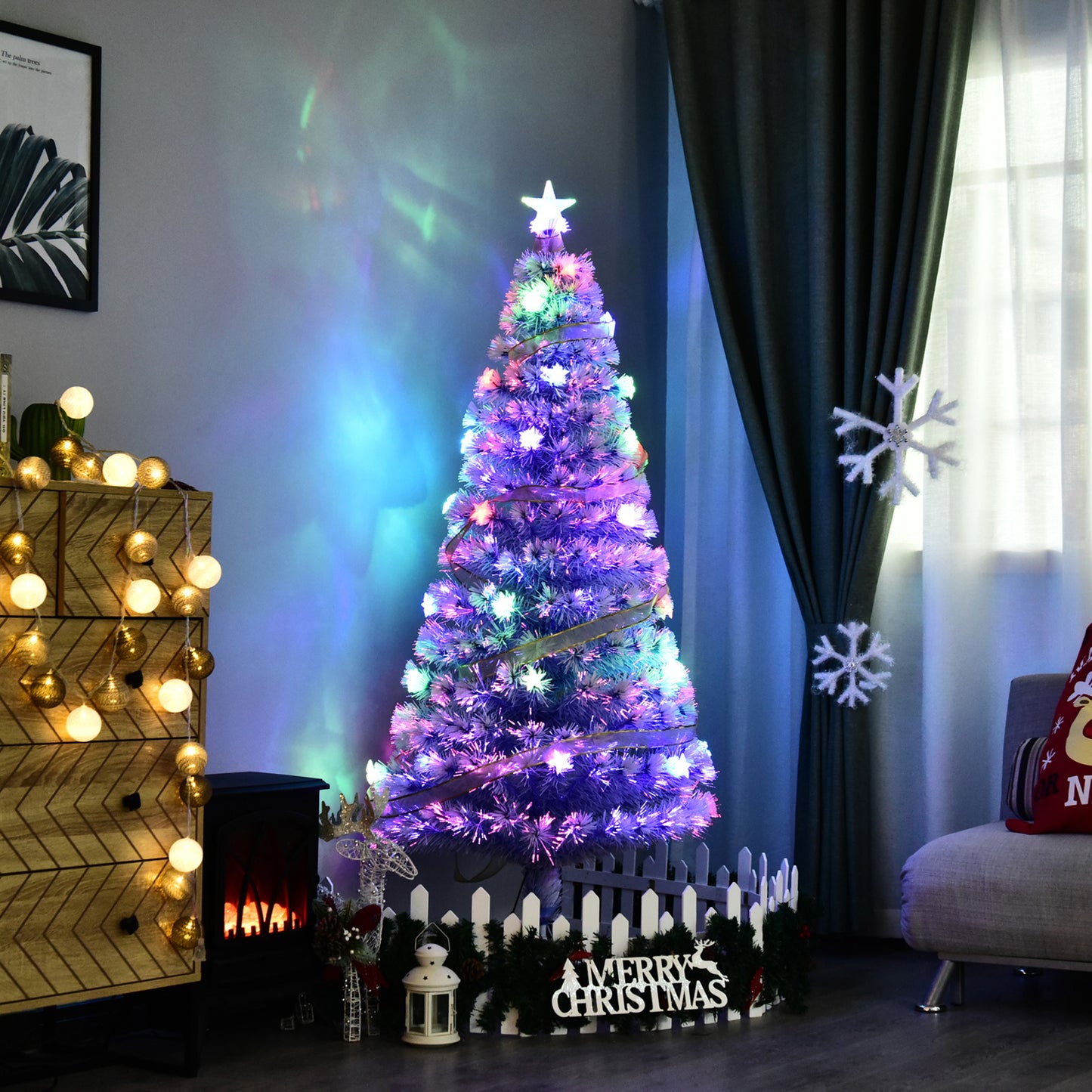 HOMCOM 5ft Xmas Tree Pre-Lit LED Optical Fiber Christmas Tree Artificial Seasonal Decoration w/ Stand Winter Holiday Decor