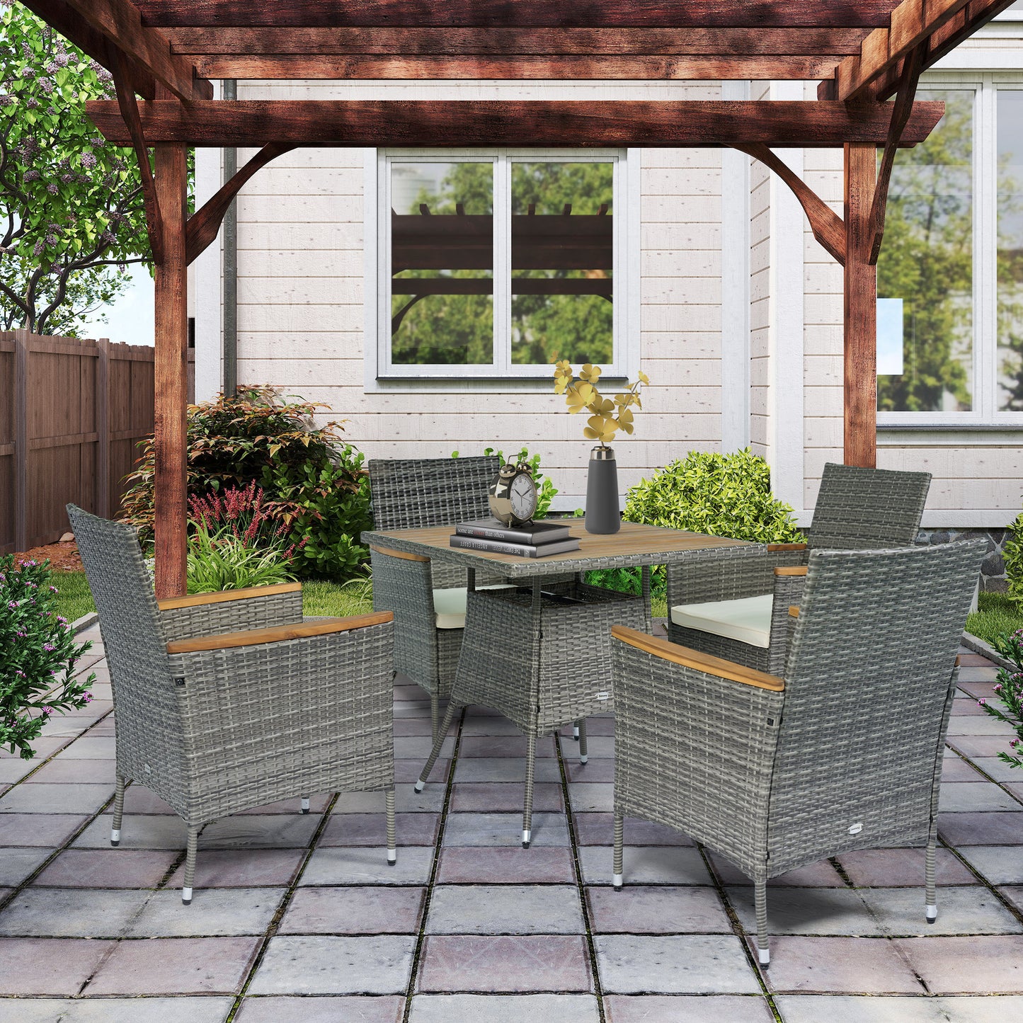 Outsunny 5 Piece Rattan Patio Dining Set with Umbrella Hole, Cushions, Outdoor Patio Table and Chairs for Garden Backyard, Teak
