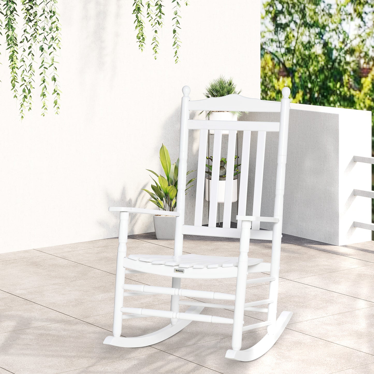 Outsunny Wooden Outdoor Rocking Chair, Patio Rocking Chair with Slatted High Back and Armrests for Porch, Garden, Lawn, White