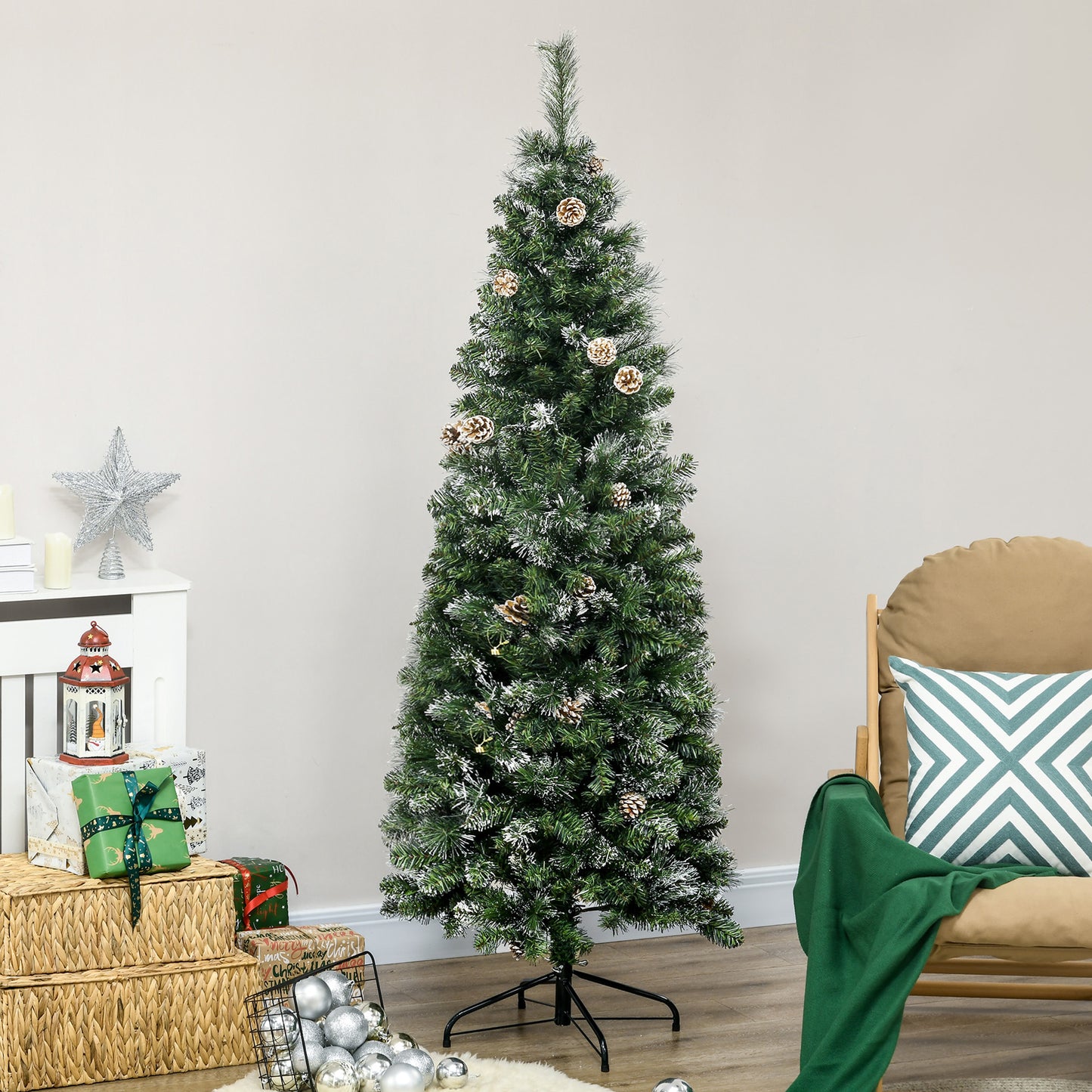 HOMCOM 6' Artificial Pencil Christmas Tree with Snow Frosted Branches, Auto Open, Steel Base
