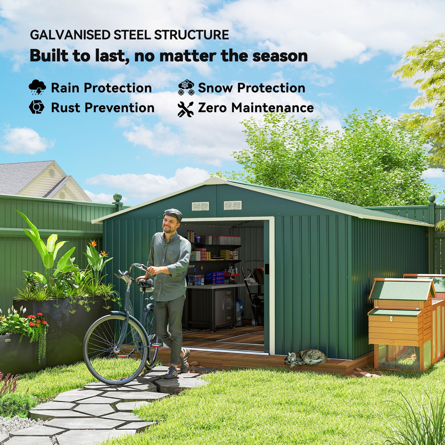 Outsunny 9.1'x6.4'x6.3' Garden Storage Shed w/ Foundation Kit Metal Tool Storage House w/ Double Doors Light Green
