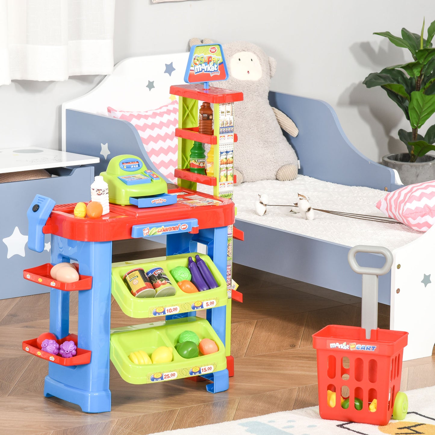 Qaba Kid Supermarket Fun Playset Grocery Store Pretend Play Toy with Shopping Cart Working Scanners Cash Register Accessories Light & Sound Gift for Boys and Girls Age 3-6 Years