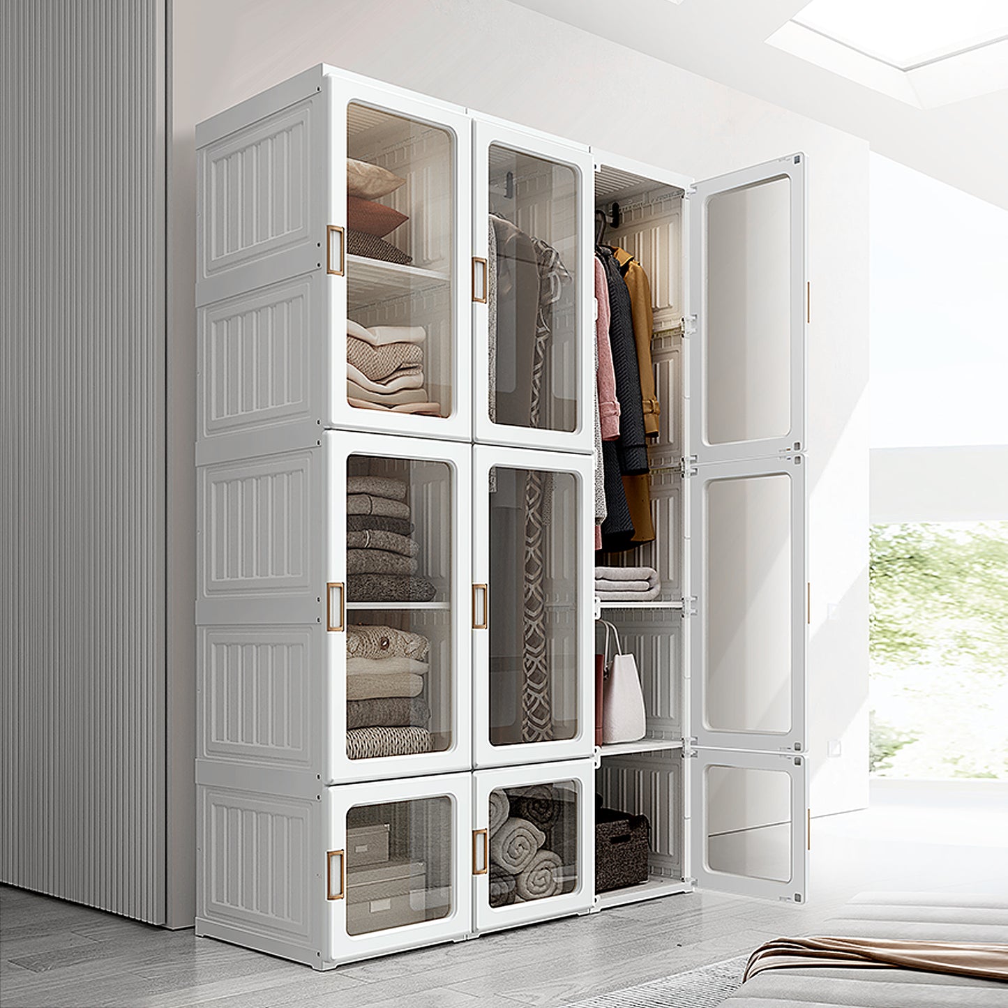 HOMCOM Portable Wardrobe Closet, Bedroom Armoire, Foldable Clothes Organizer with Cube Storage, Hanging Rods, Magnet Doors, White