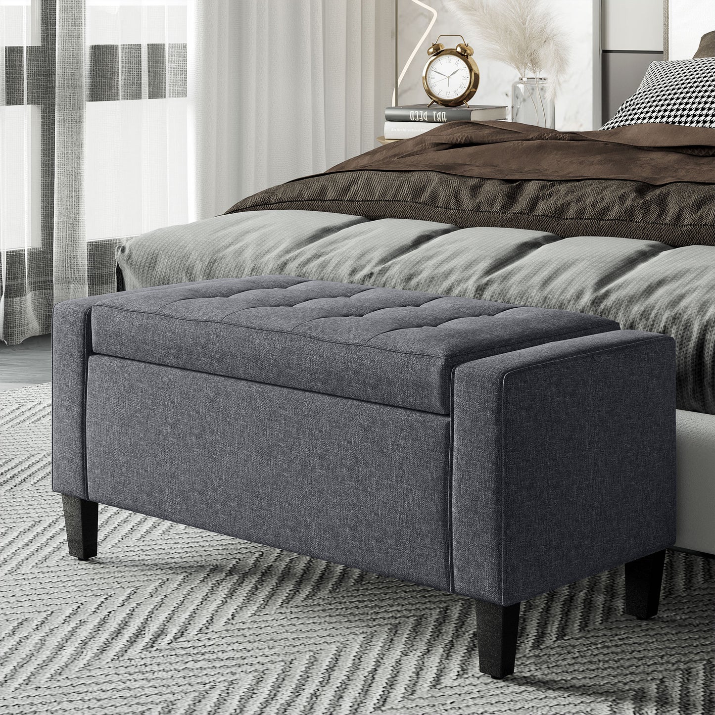 HOMCOM Storage Ottoman Bench Linen-Touch Fabric Tufted Chest Footstool with Flipping Top, Beige