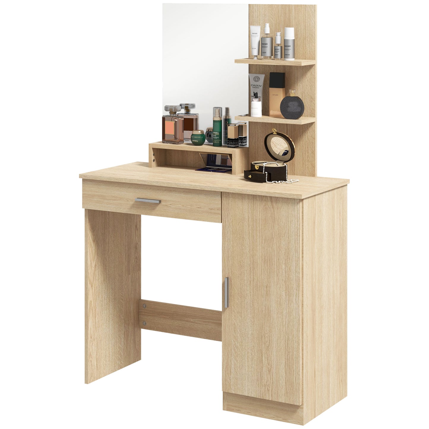 HOMCOM Dressing Table, Vanity Table with Mirror, Drawer and Storage Shelves for Bedroom, 35.4" x 15" x 54.3", White
