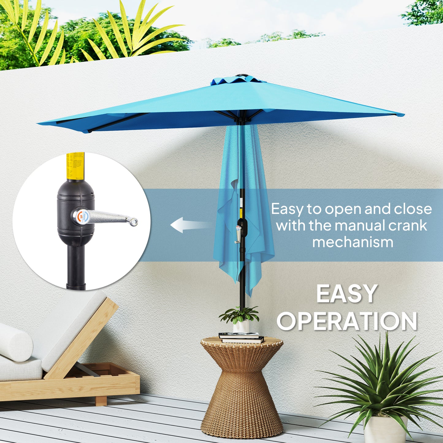 Outsunny 9ft Half Round Umbrella Outdoor Patio Garden Balcony Parasol Window Sun Shade w/ 5 Ribs, Light Blue