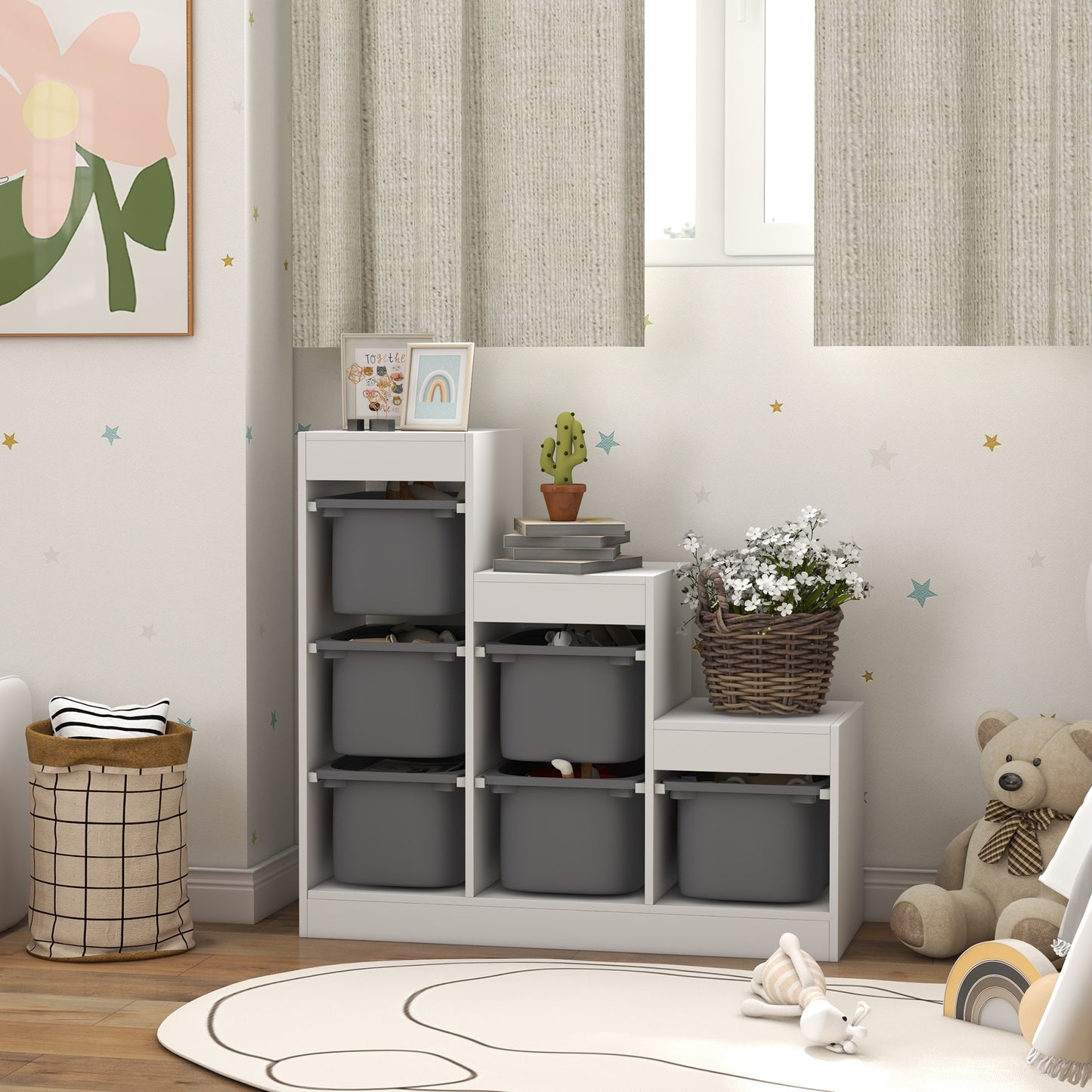 Qaba 3 Layers Toy Storage Organizer Kids Bookshelf Children Toy Storage w/ 6 Plastic Bins, White