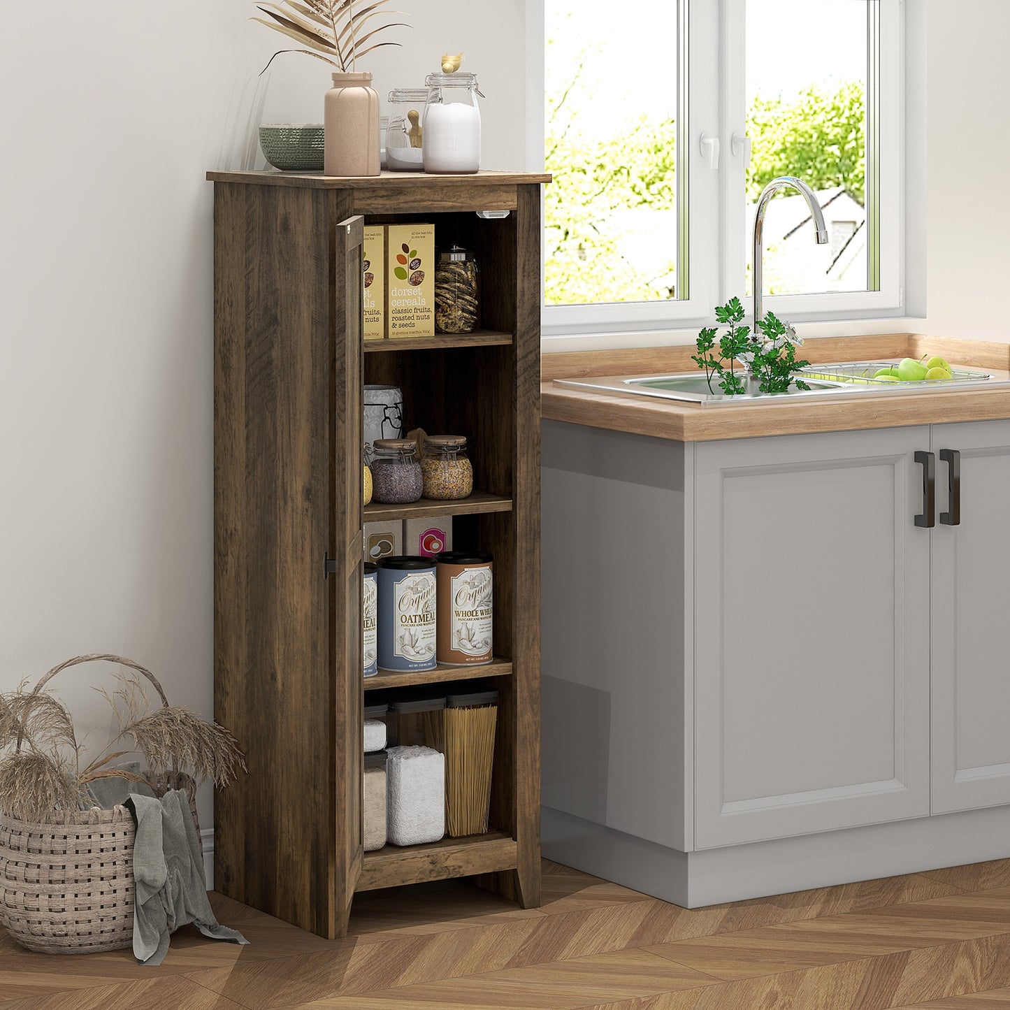 HOMCOM 48" Farmhouse Kitchen Pantry Storage Cabinet with Barn Door, Kitchen Pantry Cabinet with Adjustable Shelves, Natural