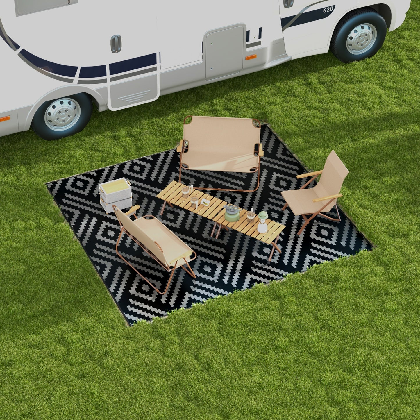 Outsunny Reversible Outdoor Rug Waterproof Plastic Straw RV Rug with Carry Bag, 9' x 12', Black and Grey Geometric
