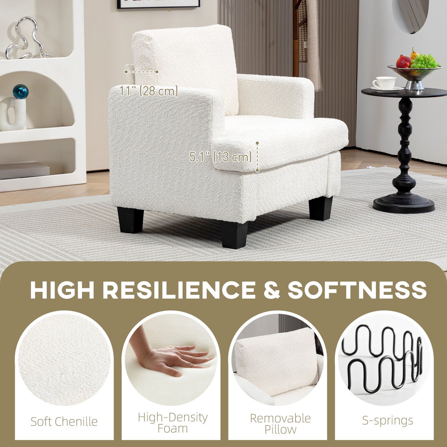 HOMCOM Modern Armchair, Upholstered Chenille Accent Chair with Wood Frame and Back Pillow for Living Room, Dark Grey