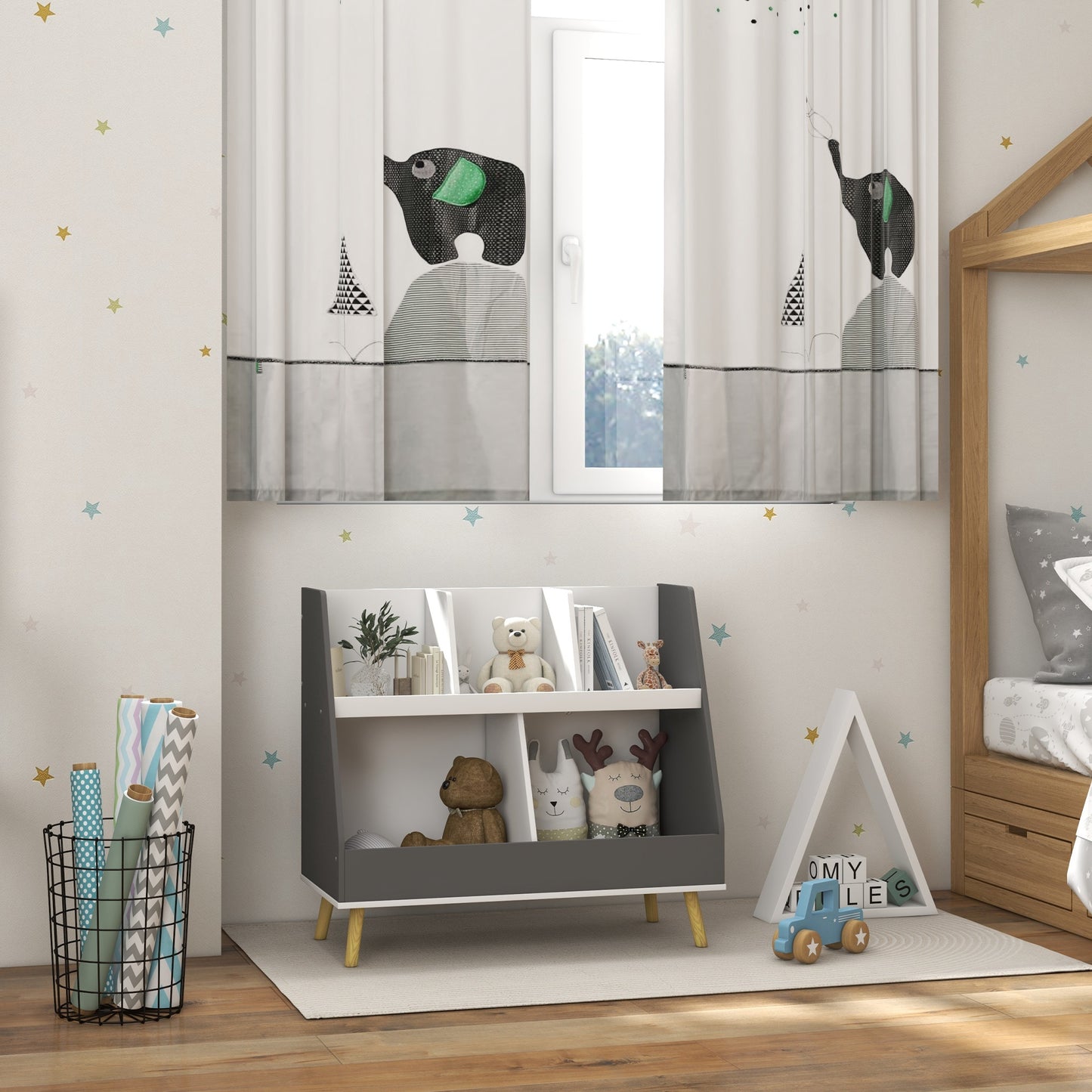 Qaba 2 Tier Kids Toy Storage Organizer with 5 Compartments, Anti-tip Device, for Nursery, Playroom, Grey