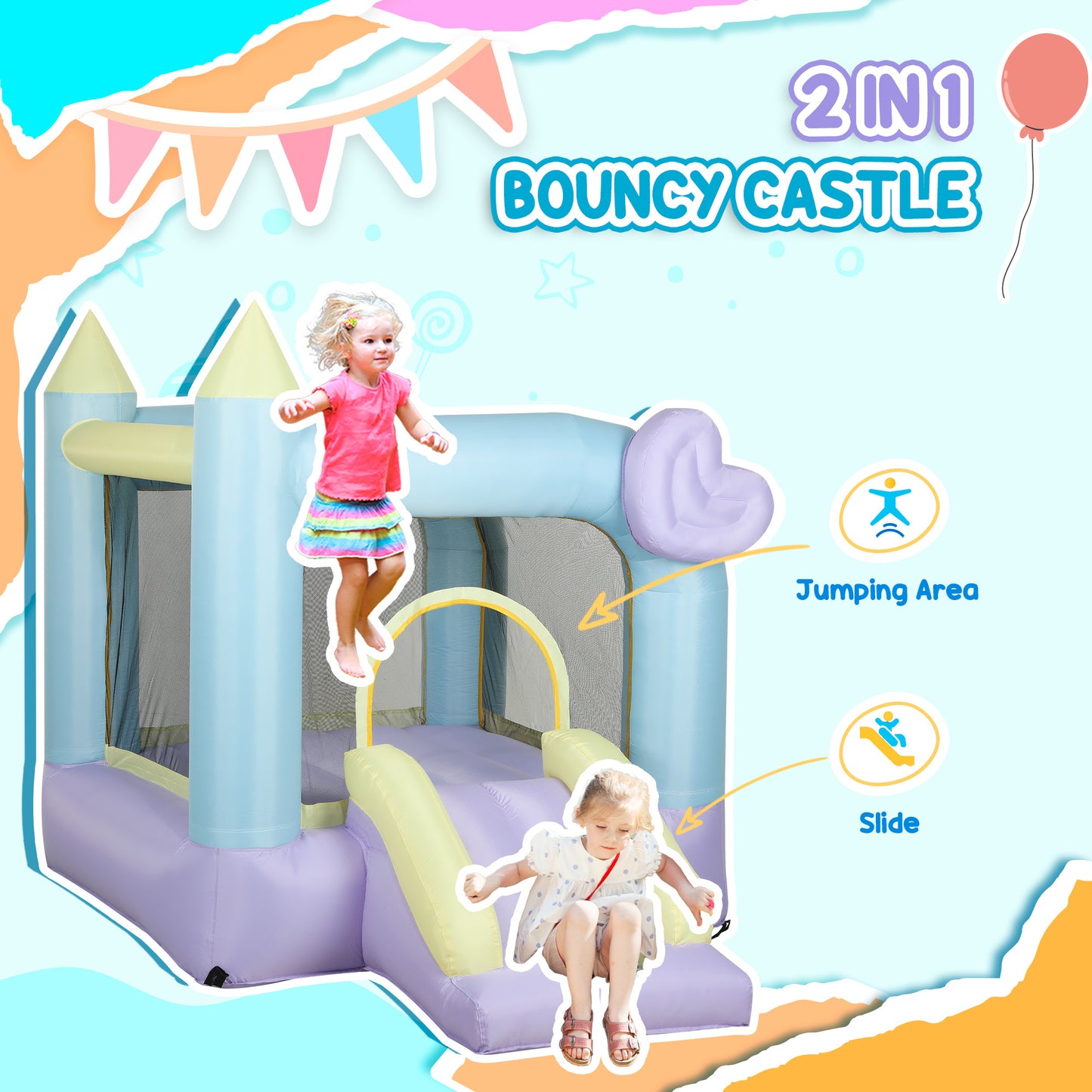 Qaba Bouncy Castle for Kids with 550W Blower, Water Slide, 2 Splash Pools, Basketball Hoop, Dart Board,12.6' x 9.5' x 5.9'