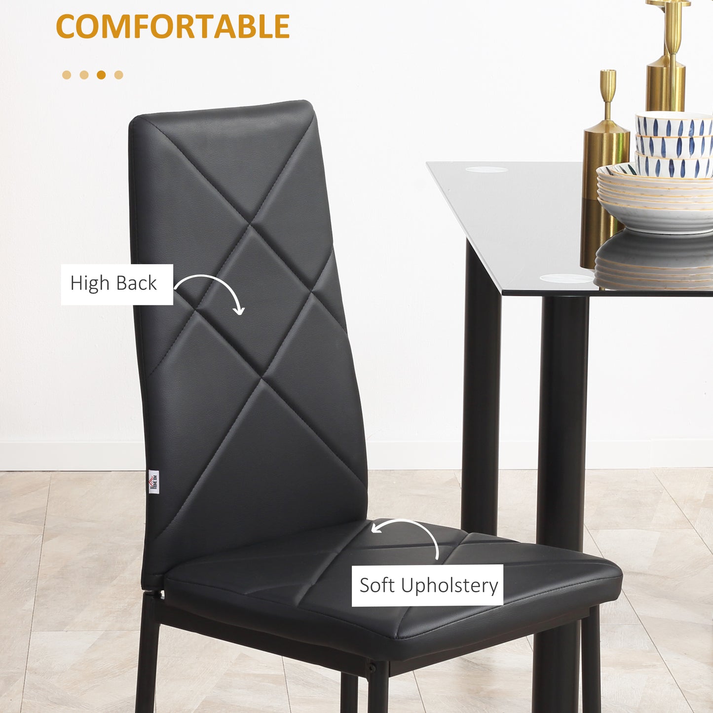 HOMCOM Dining Chairs Set of 4, Modern Accent Chair with High Back, Upholstery Faux Leather and Steel Legs for Living Room, Kitchen, Black