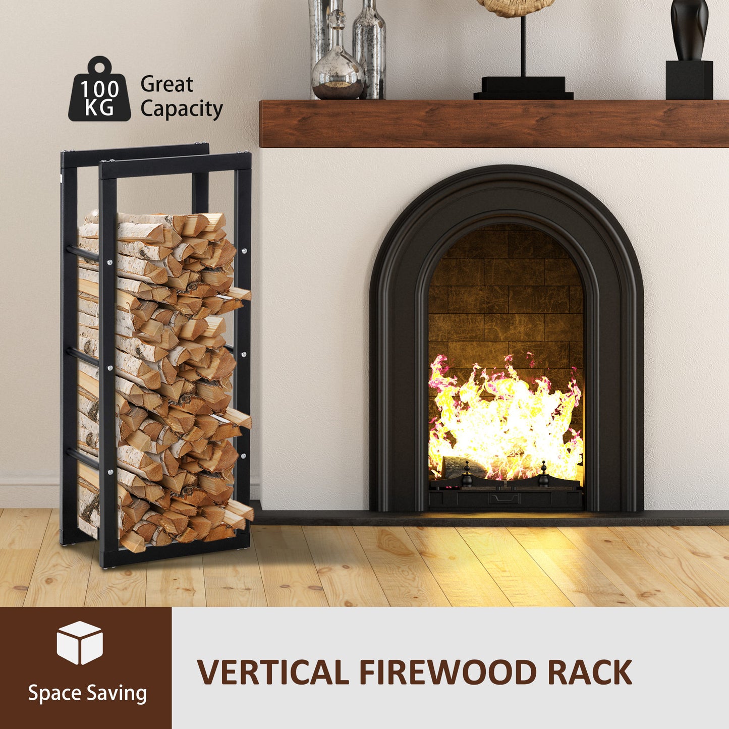 HOMCOM Firewood Rack Outdoor, Log Holder Fireplace Storage Rack with Handles and 220 lbs. Weight Capacity, 23.6" x 9.8" x 39.4", Black