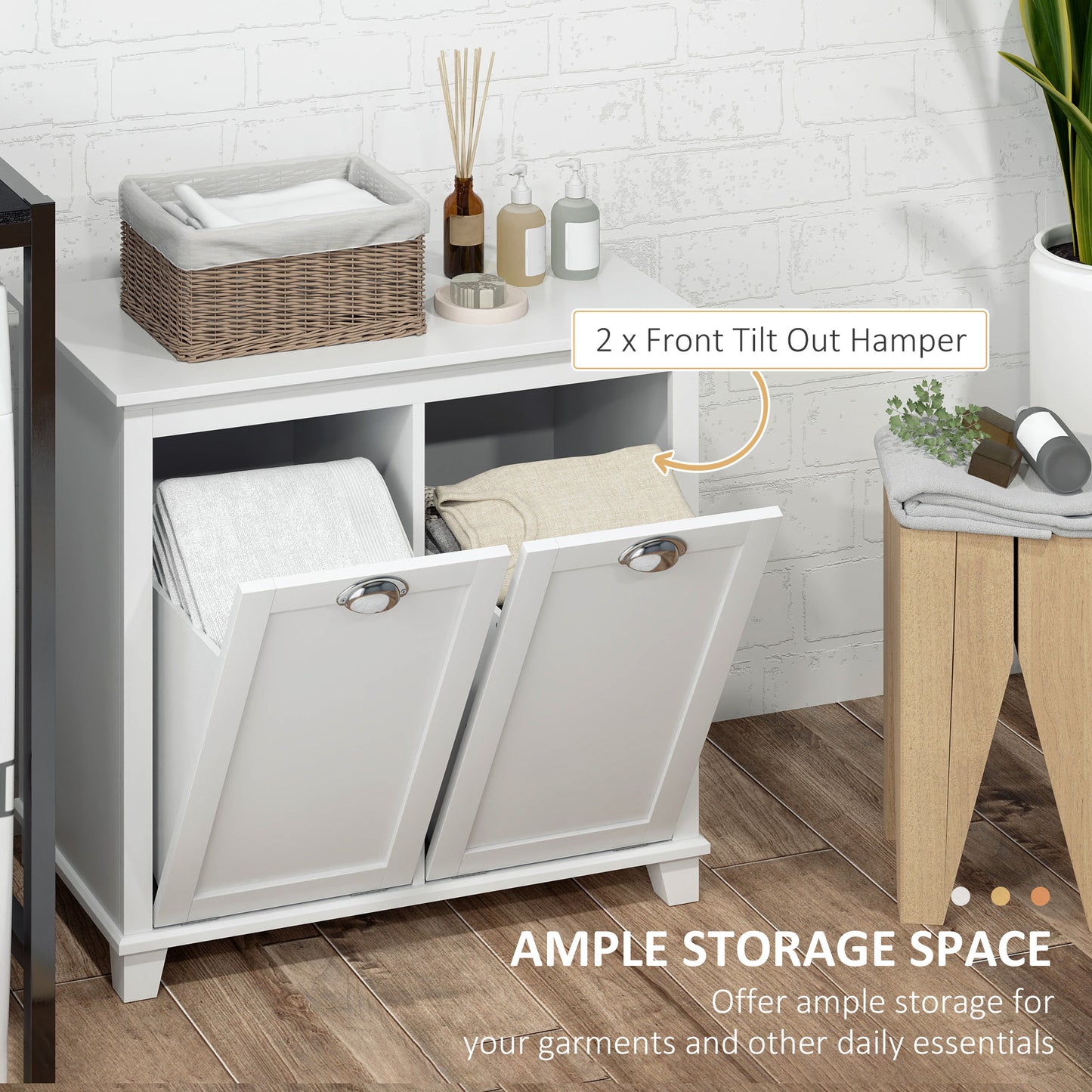 HOMCOM Tilt-Out Laundry Storage Cabinet, Bathroom Storage Organizer with Two-Compartment Tilt Out Hamper, White