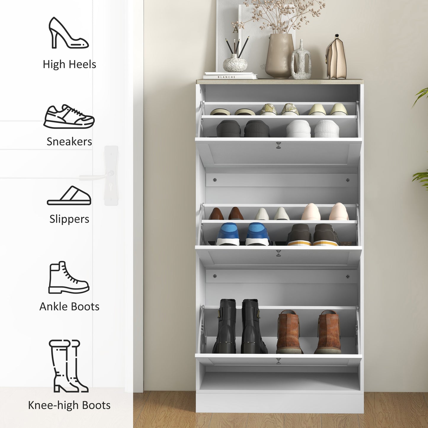 HOMCOM Modern Shoe Storage with 3 Flip Drawers and Adjustable Shelves, Shoe Cabinet Organizer for 18 Pairs of Shoes, White