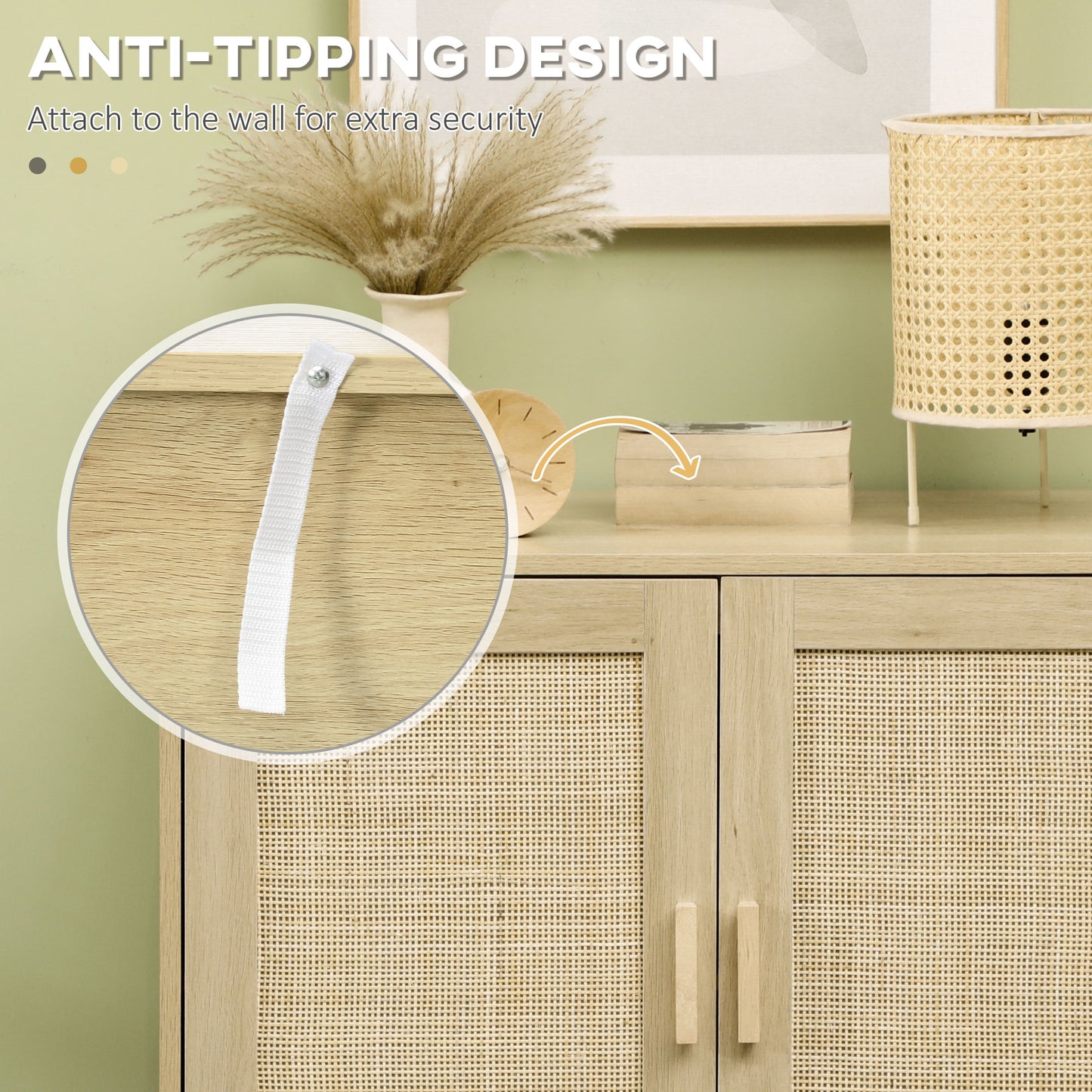 HOMCOM Wood Sideboard Accent Storage Cabinet with 2 Rattan Doors, Adjustable Shelf, and Steel Legs for Living Room Kitchen