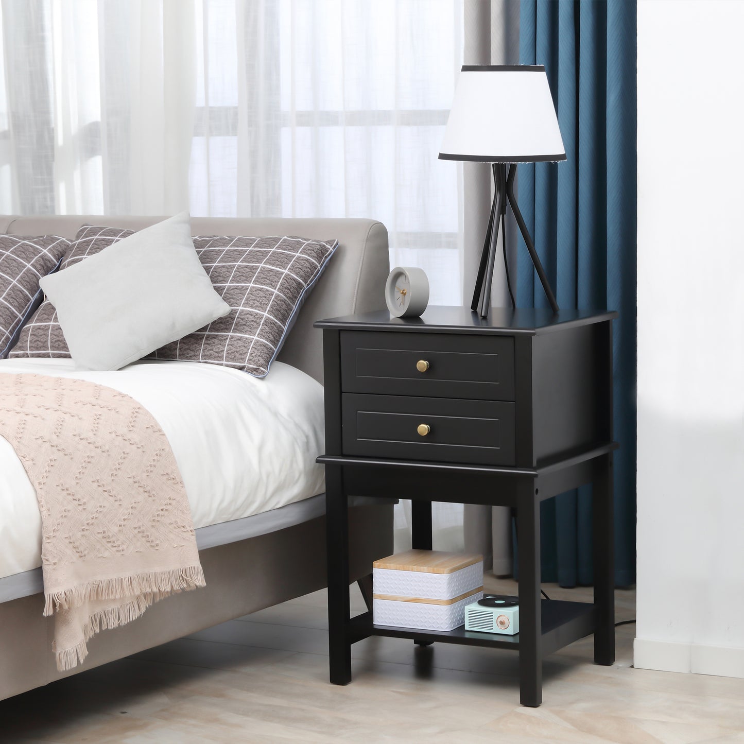 HOMCOM Modern Sofa Side Table, Accent End Table with Drawers and Storage Shelf, Nightstand for Bedroom Living Room, Black