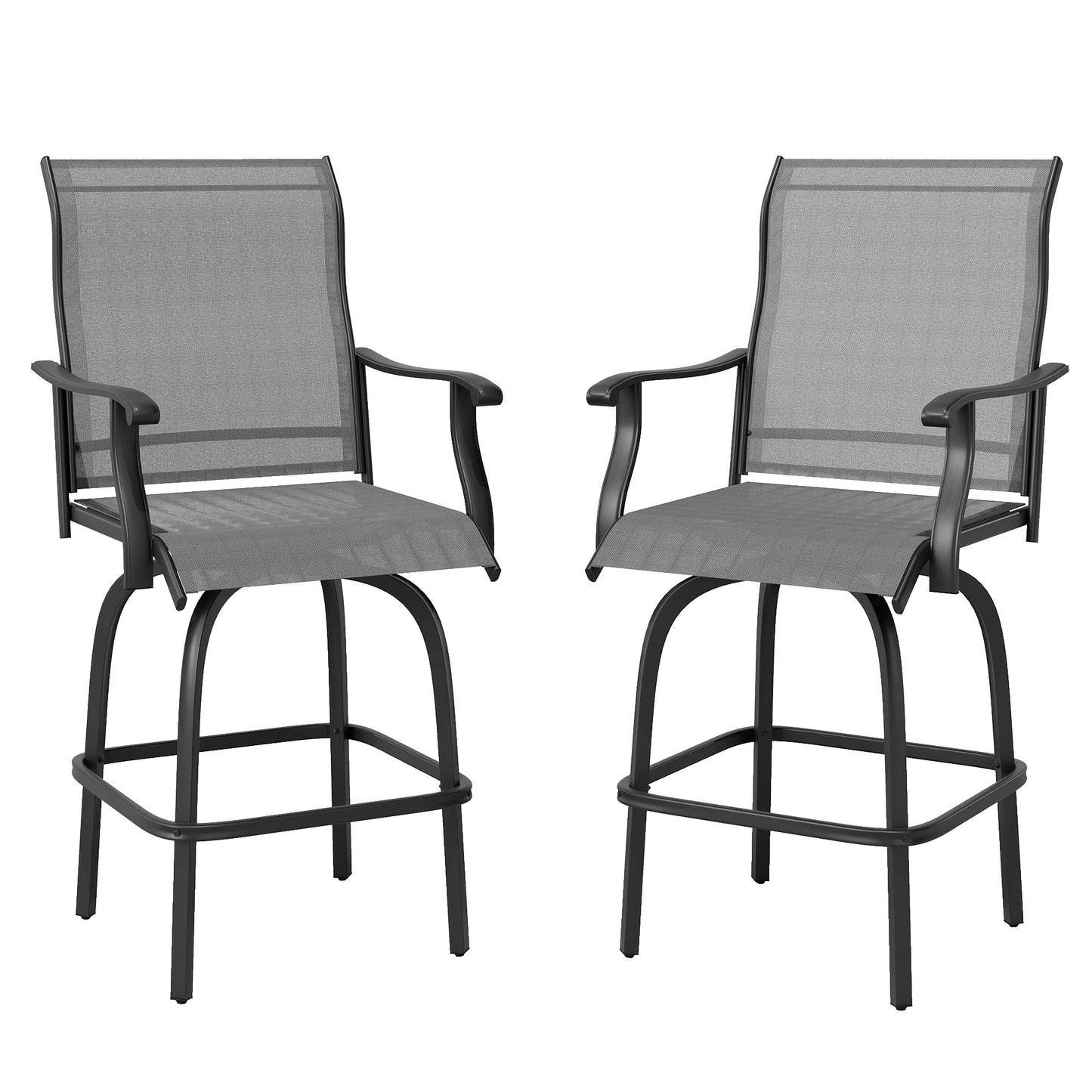 Outsunny Outdoor Bar Stools Set of 2, Swivel Bar Height Chairs with High Back, Curved Armrests and Steel Frame, Black