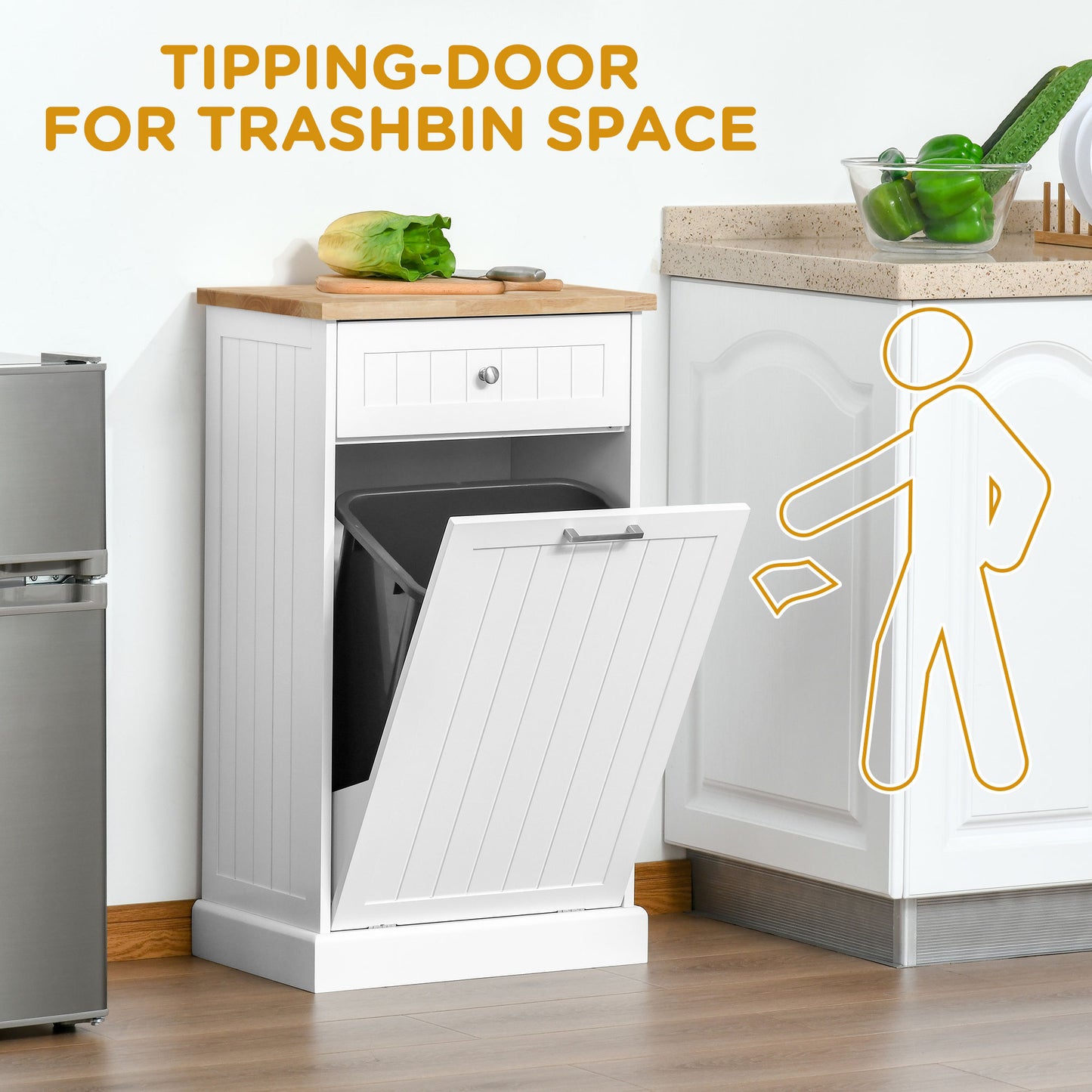HOMCOM Kitchen Tilt Out Trash Bin Cabinet, Free Standing Recycling Cabinet, Trash Can Holder with Drawer, White