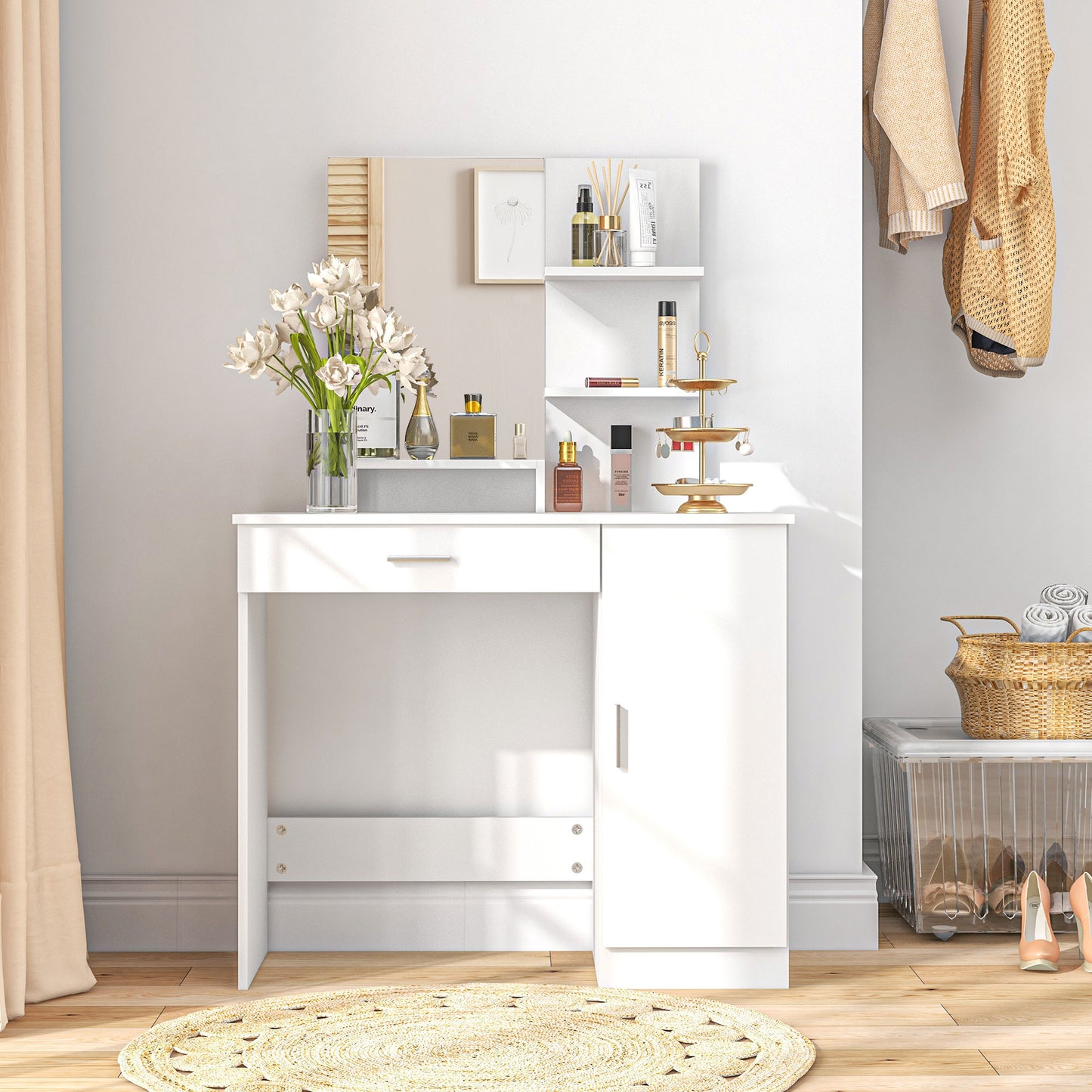 HOMCOM Dressing Table, Vanity Table with Mirror, Drawer and Storage Shelves for Bedroom, 35.4" x 15" x 54.3", White
