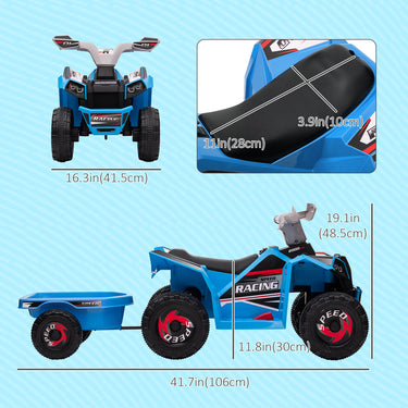 Aosom 6V Kids ATV Quad, Battery Powered Electric Vehicle for Kids with Back Trailer, Wear-resistant Wheels, for Boys and Girls - Blue