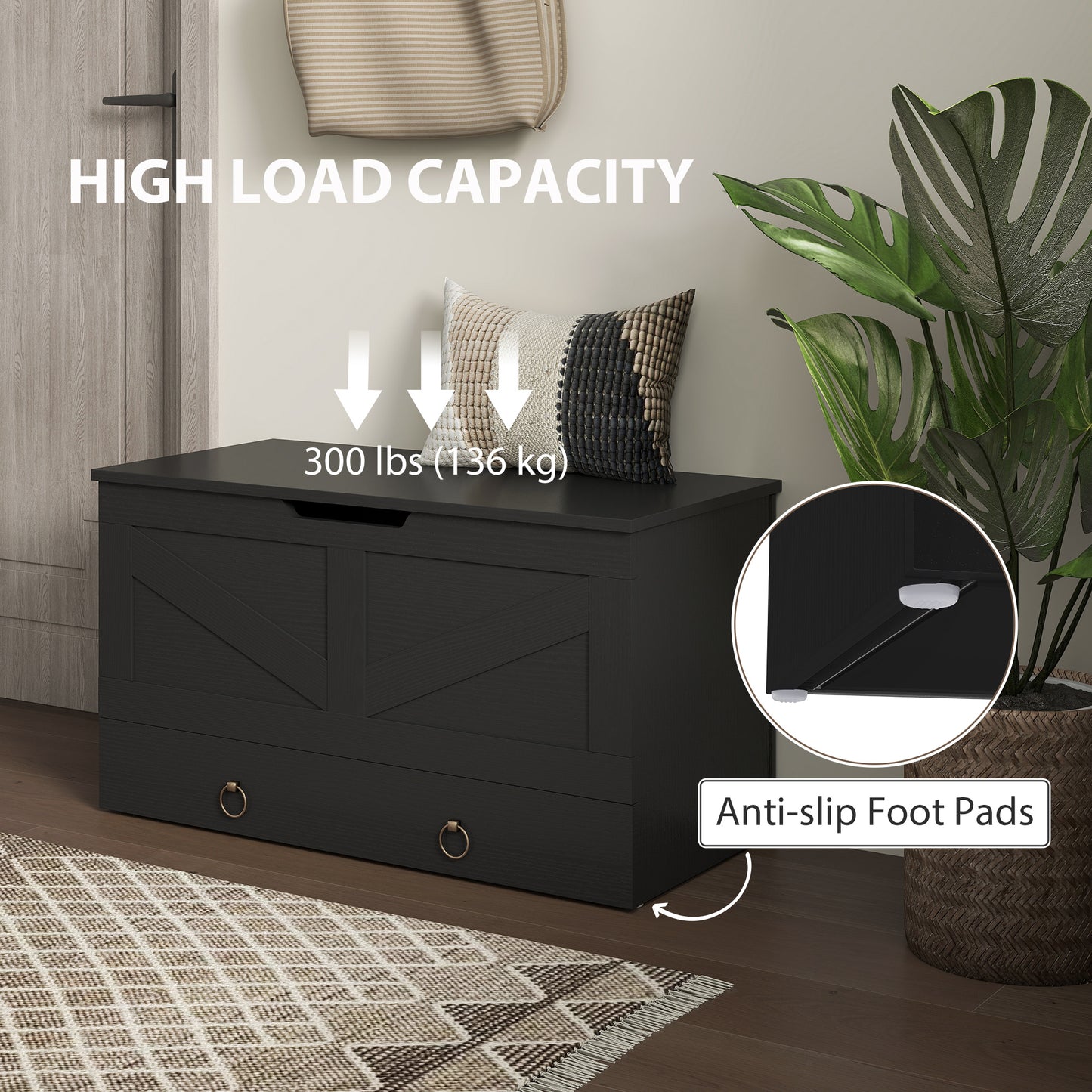 HOMCOM 31.5 Inches Storage Chest, Storage Trunk with 2 Safety Hinges, Wooden Box for Living Room, Black Wood Grain