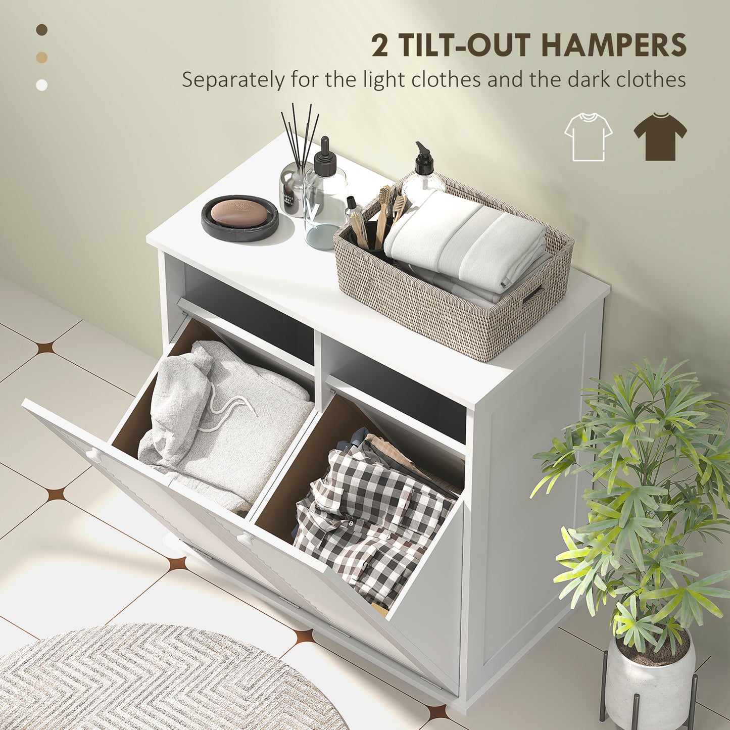HOMCOM Tilt Out Laundry Cabinet, Laundry Basket Cabinet with 2 Baskets and 2 Louvered Doors, White