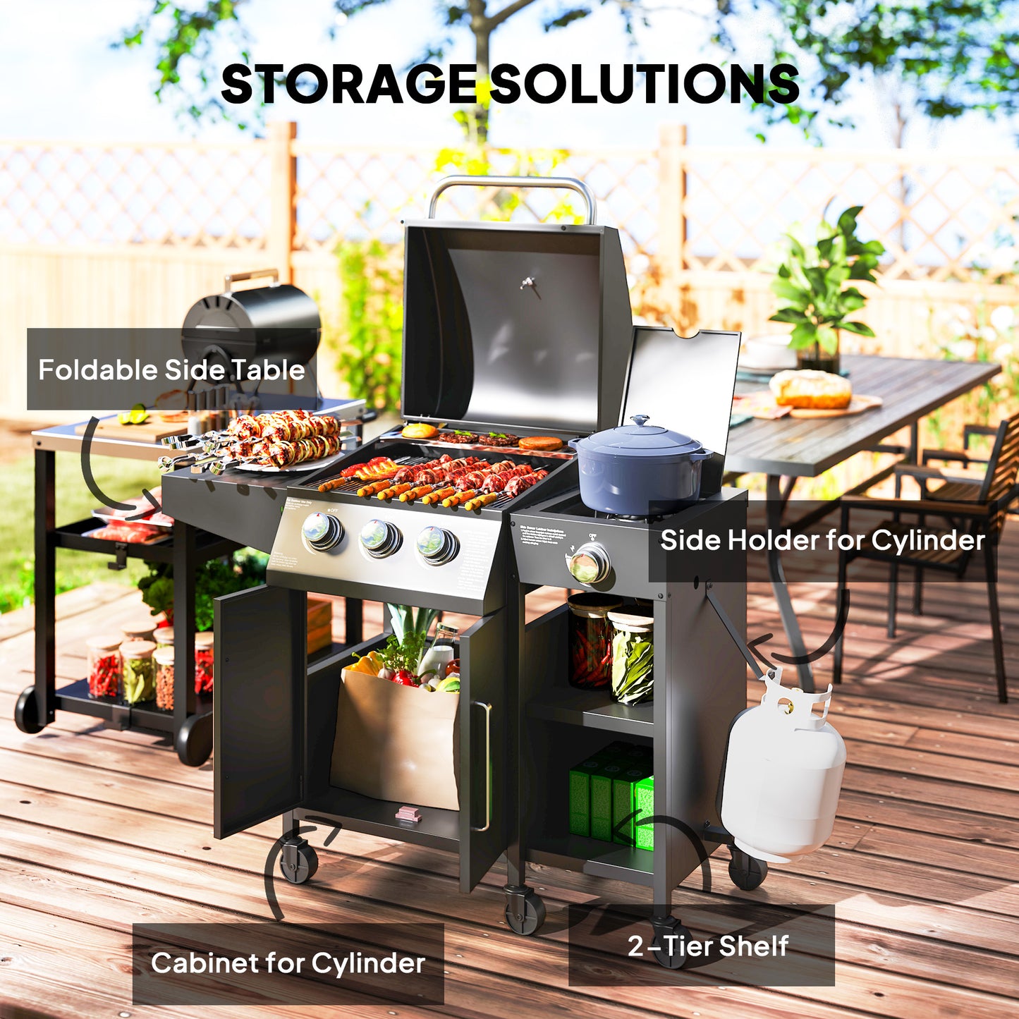 Outsunny 3 Burner Gas Grill with Side Burner, 9.5 KW Propane BBQ Grill, Cabinet Style with Shelves, Wheels, Instant Ignition