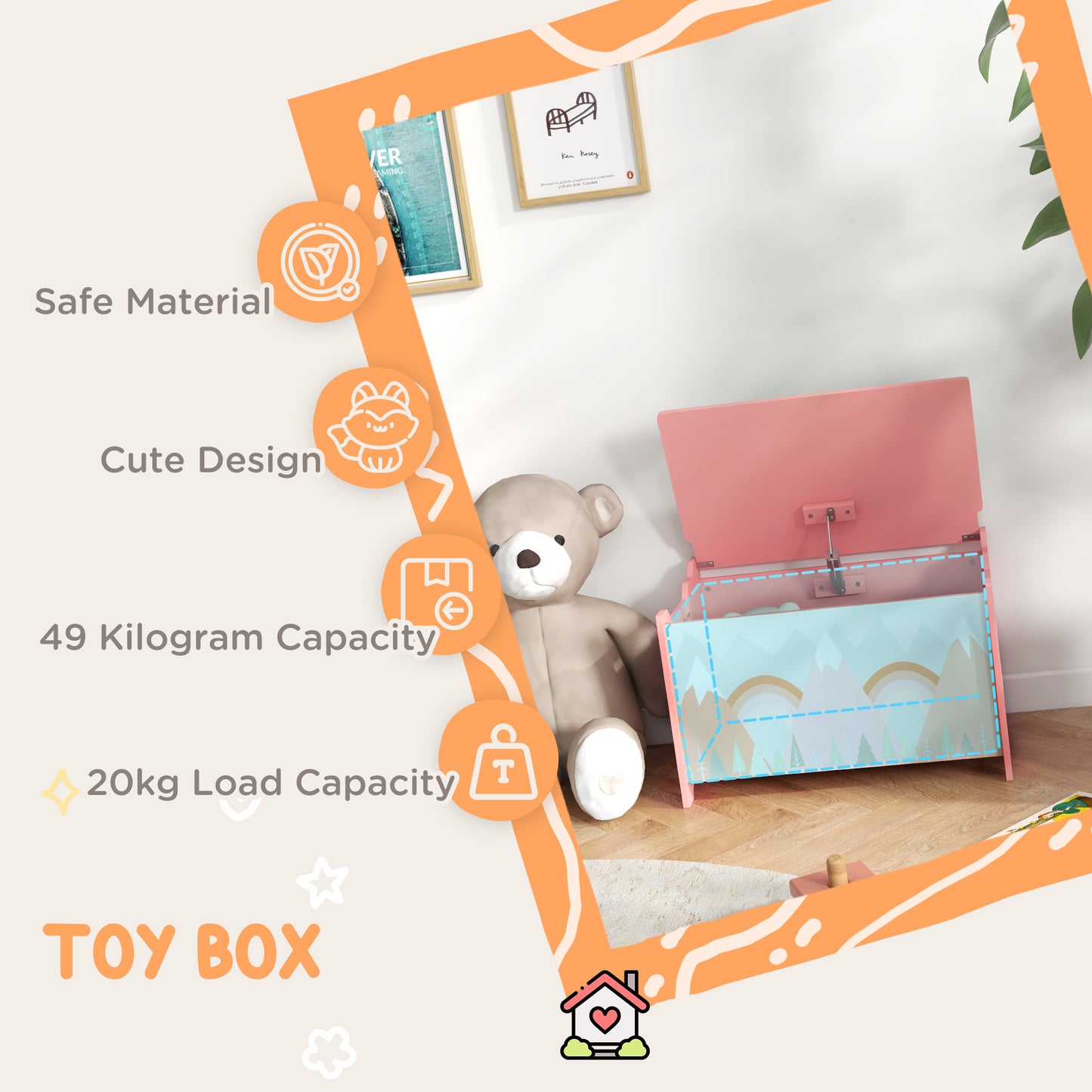 Qaba Toy Box with Lid, Toy Chest Storage Organizer for Bedroom with Safety Hinge, Pink