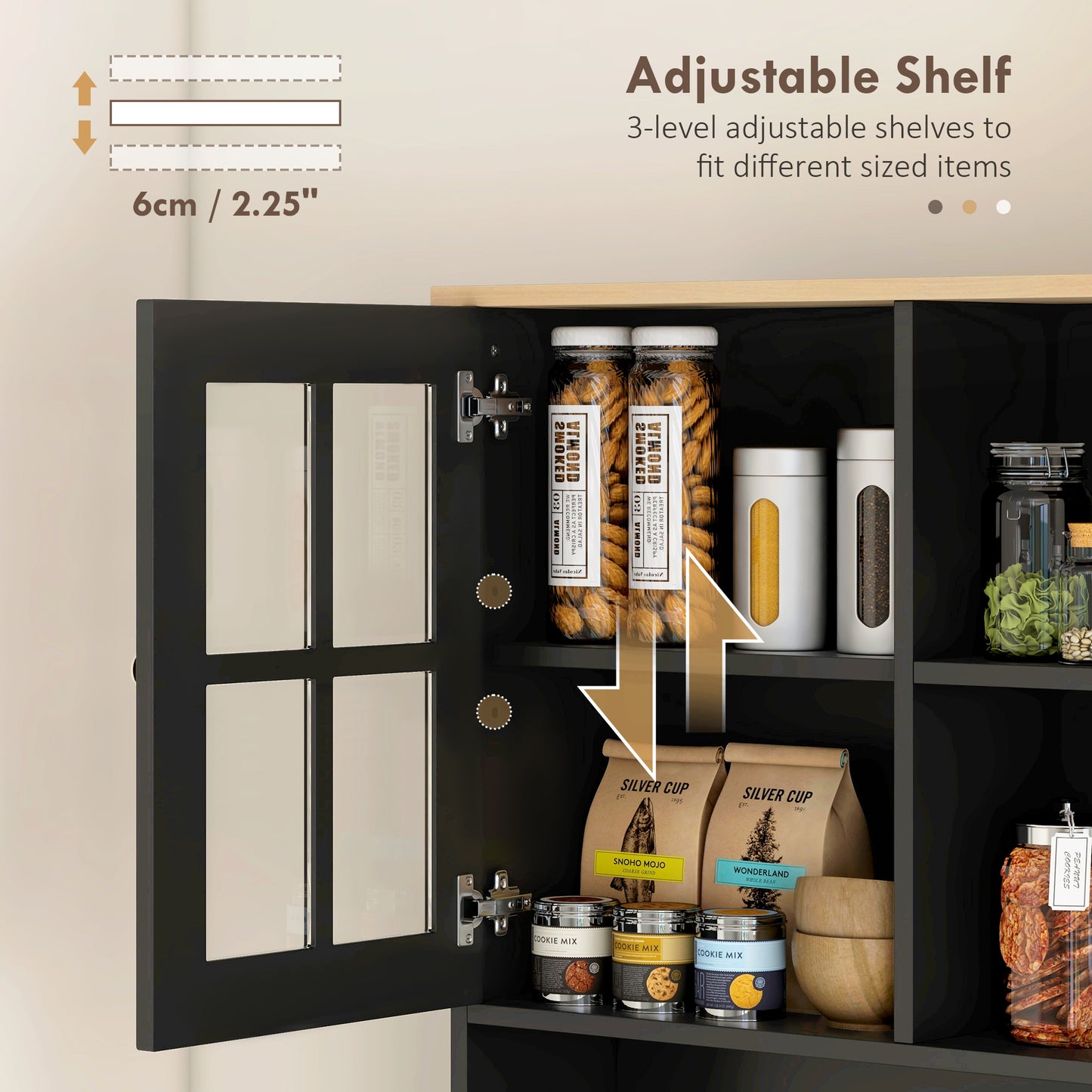 HOMCOM Kitchen Buffet with Hutch, Storage Pantry with 3 Cabinets, 2 Open Shelves and Large Countertop, Black