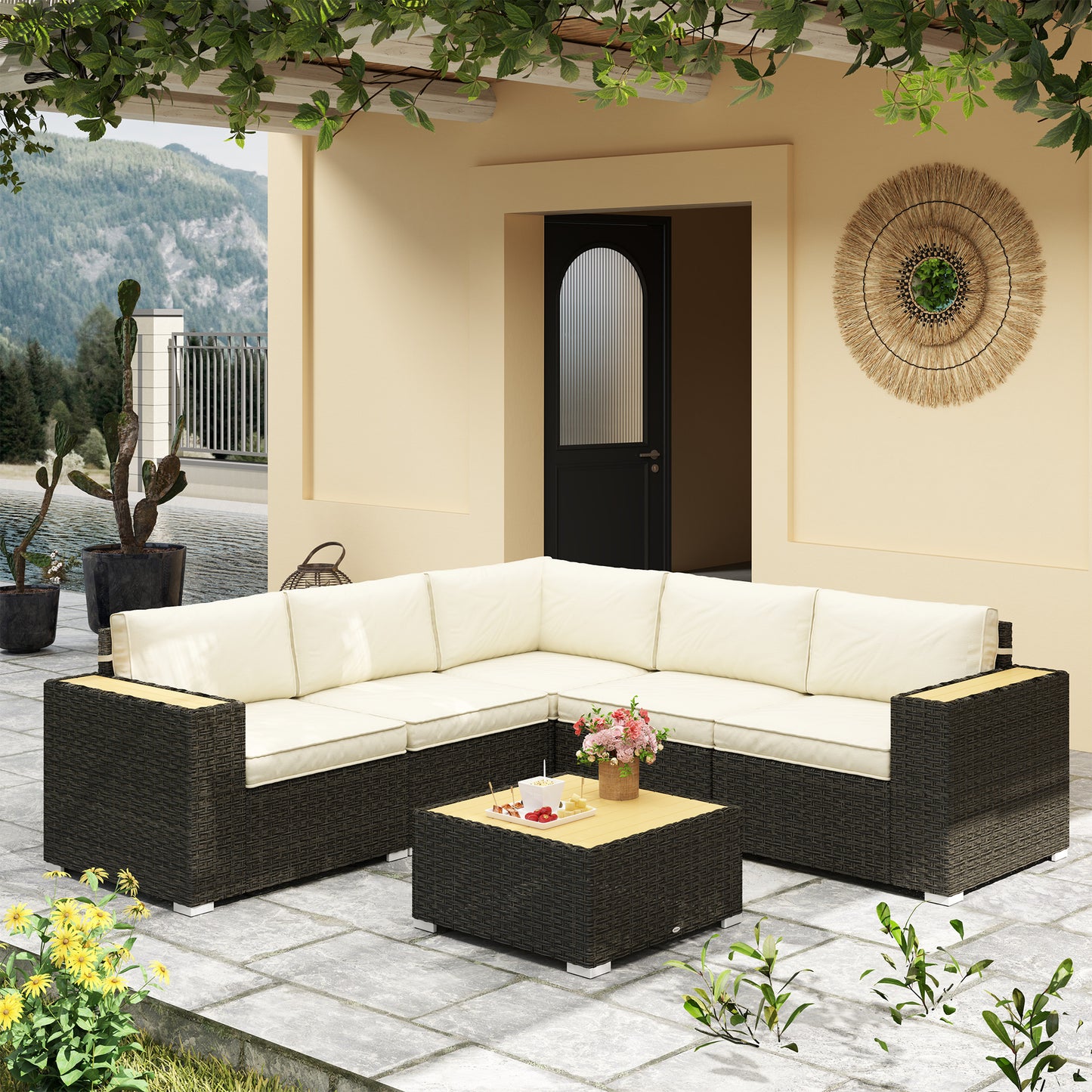 Outsunny 6 Pieces Outdoor Rattan Patio Furniture Set with Corner Sofa, Wood-Plastic Coffee Table, Navy Blue