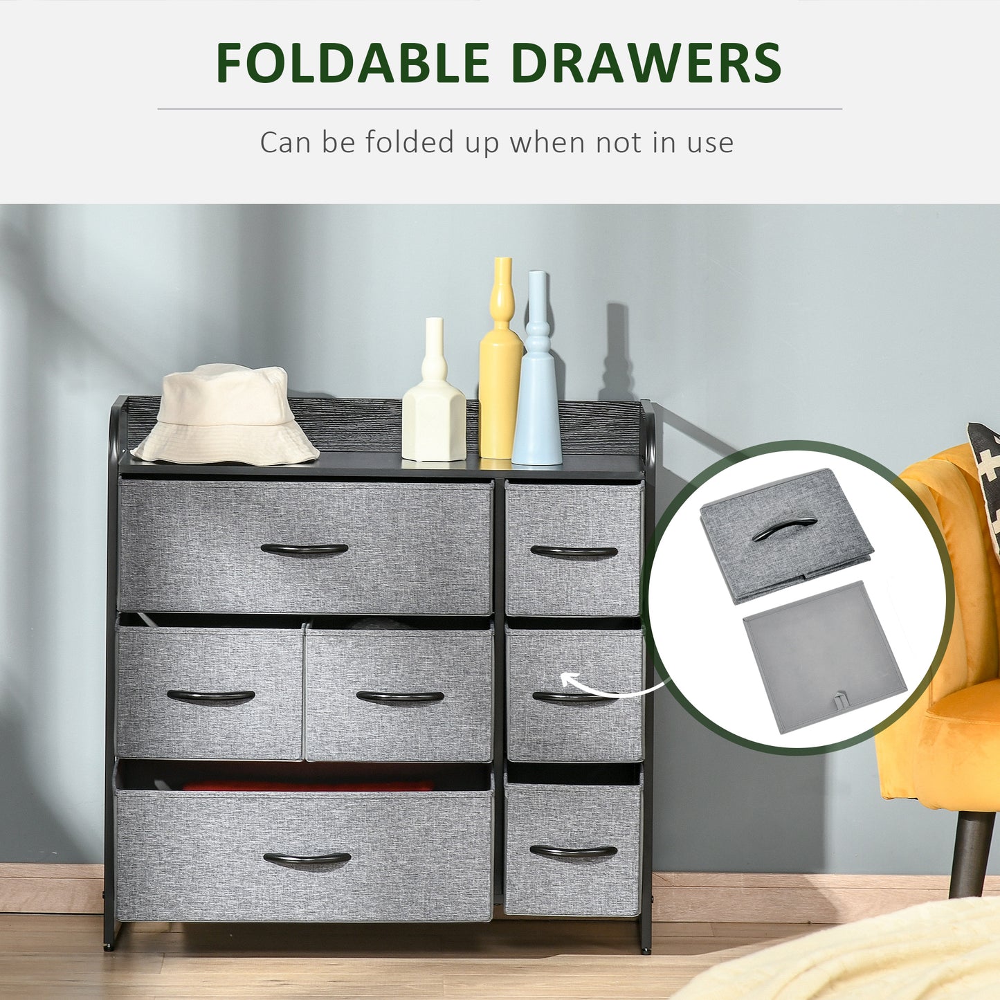 HOMCOM 7-Bin Dresser Storage Tower Cabinet Organizer Unit, Easy Pull Fabric Bins with Metal Frame for Bedroom