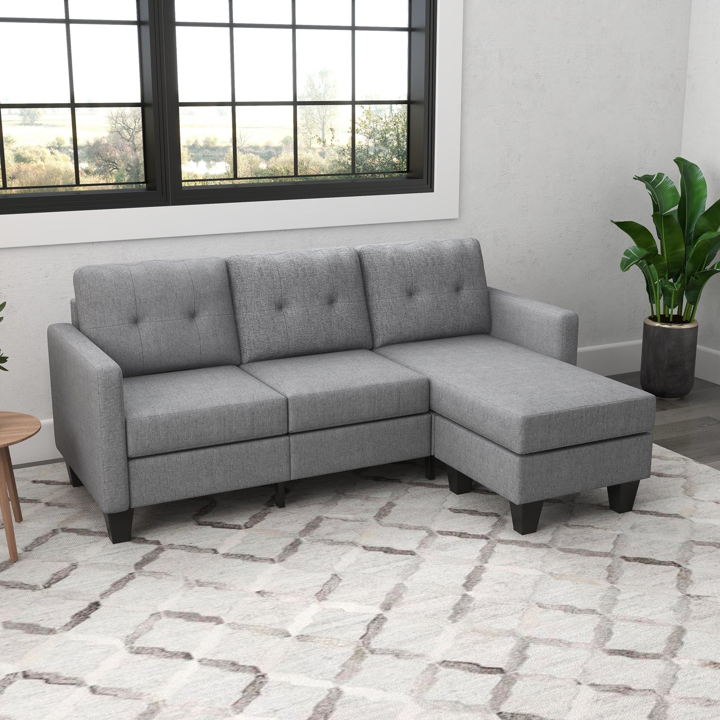 HOMCOM L-shaped Sofa, 3 Seater Couch with Ottoman, Corner Sofa with Thick Padded Cushion and Wood Legs, Dark Grey
