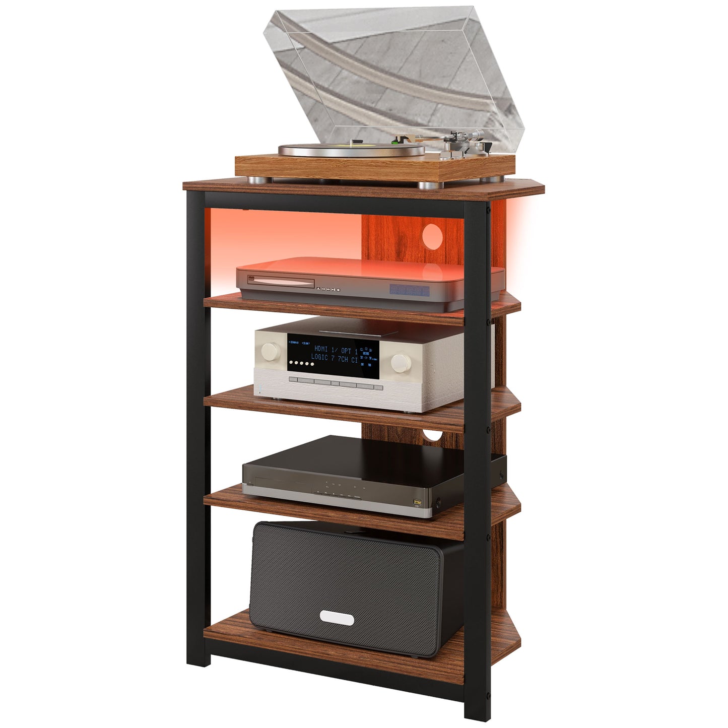 HOMCOM TV Stand for TVs up to 29", Entertainment Center with 4-Tier Storage Shelves and LED Lights for Living Room