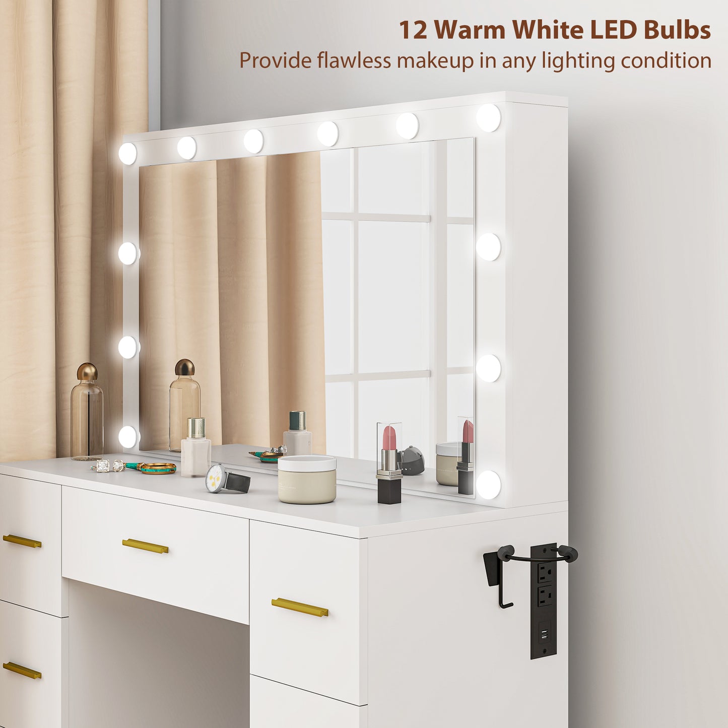 HOMCOM Makeup Vanity Desk with Mirror and Lights, Dressing Table with 7 Drawers, 6 Hidden Sliding Storage Compartments, White