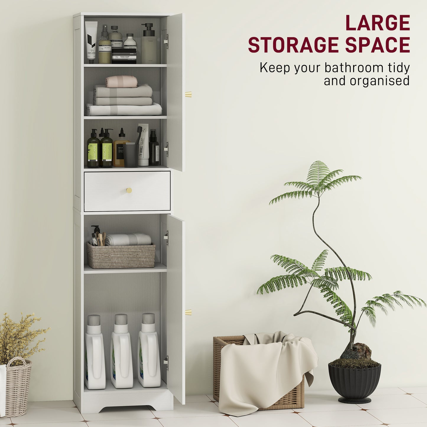 HOMCOM 67" Tall Bathroom Cabinet, Slim Bathroom Storage Cabinet with 2 Doors, Drawer and Adjustable Shelf, White Wood Grain
