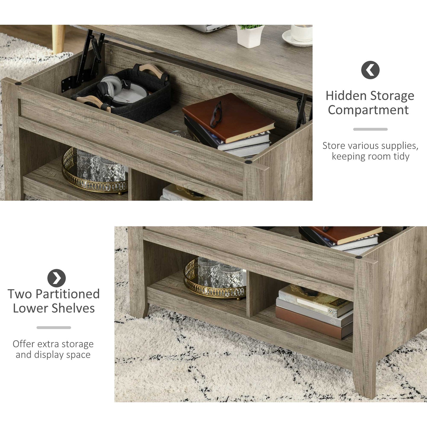 HOMCOM Lift Top Coffee Table with Hidden Storage Compartment and Open Shelves, Lift Tabletop Pop-Up Center Table for Living Room, White