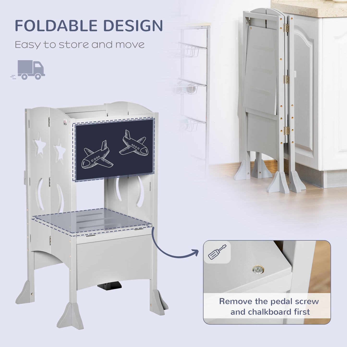Qaba Kids Kitchen Helper Foldable Step Stool Toddler Kitchen Stool with Blackboard Lockable Handrail for 3-6 Years old Grey