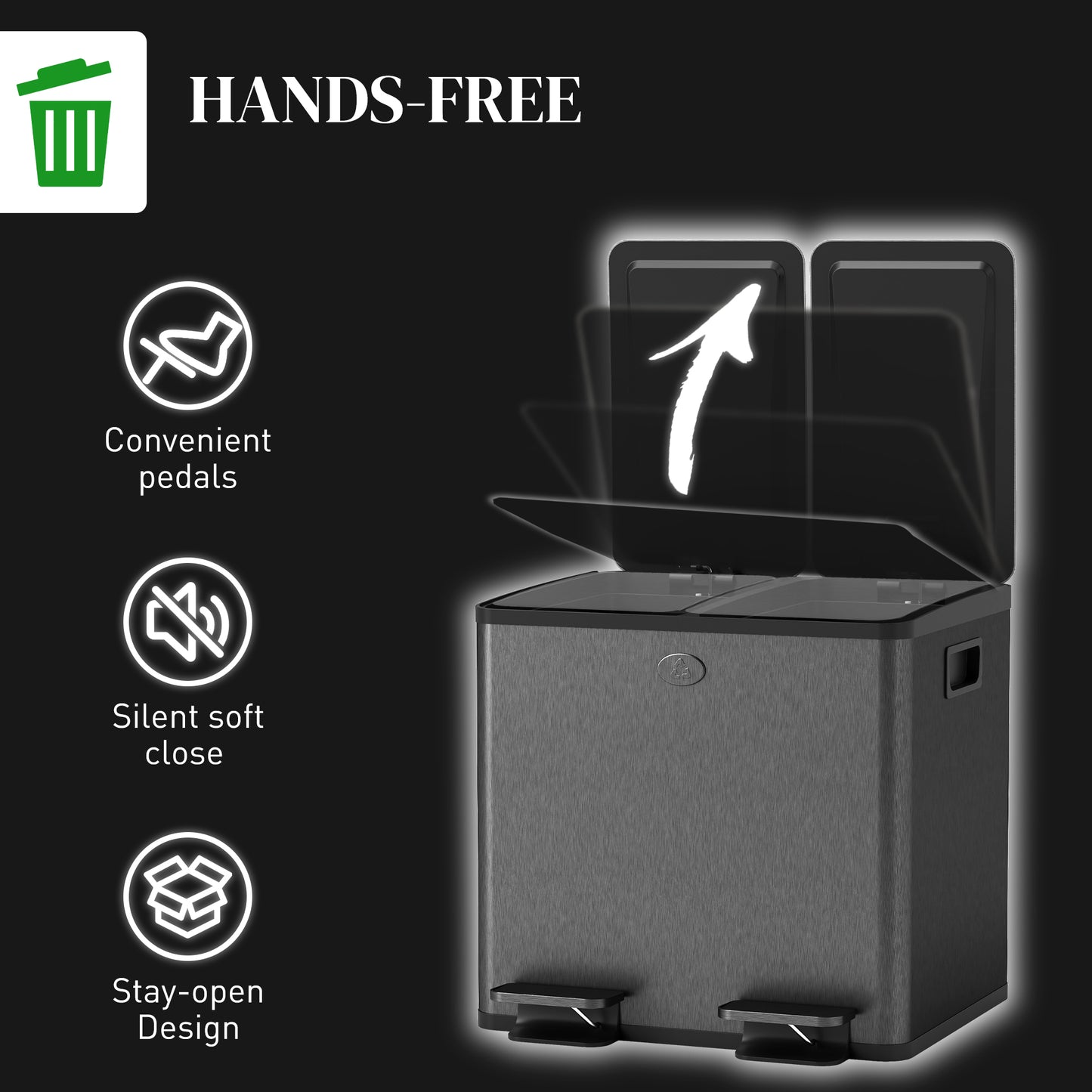 HOMCOM Dual Garbage Bin, Soft-Close Trash Can with Foot Pedal, 2 x 20 Liter Garbage Can with Removable Inner Buckets, Black