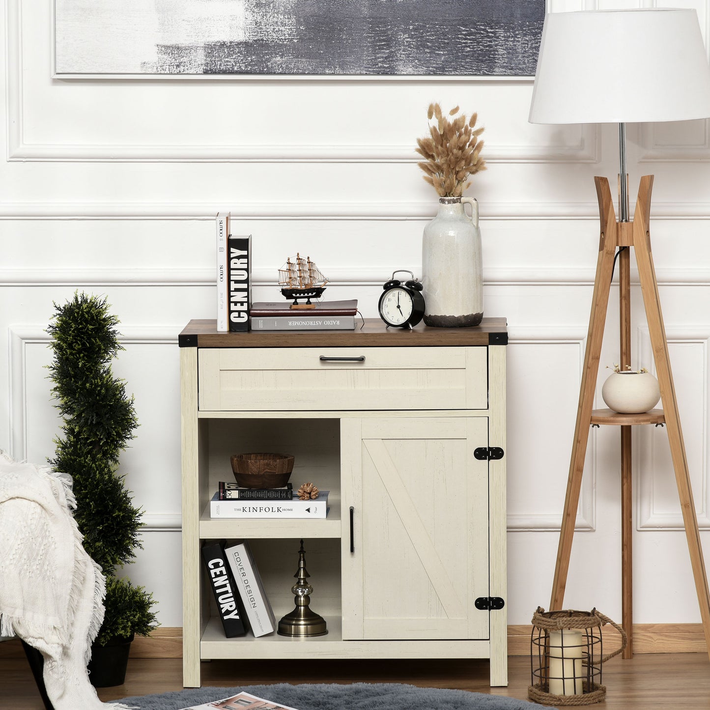 HOMCOM Rustic Barn Door Storage Cabinet Modern Farmhouse Buffet Sideboard for Kitchen and Dining Room White
