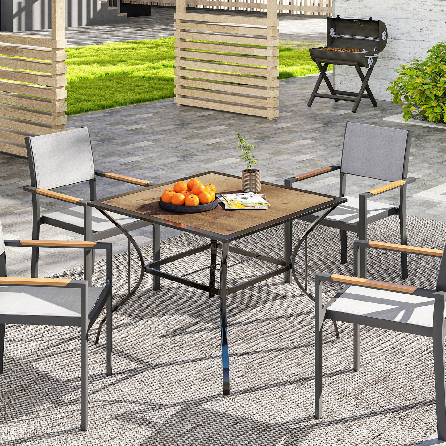Outsunny 37" Garden Outdoor Dining Table for 4, Square Patio Table with Umbrella Hole, Plastic Board Tabletop for Backyard, Poolside, Mixed Brown