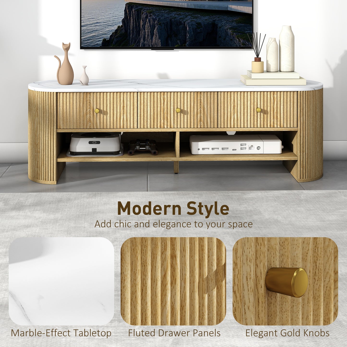 HOMCOM TV Stand, Modern TV Table with Marble-Effect Top, 3 Drawers and 2 Open Shelves for 32-65 Inch Television, Natural