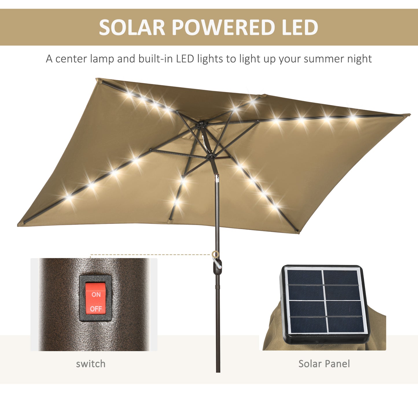 Outsunny 6.5x10ft Patio Umbrella Rectangle Solar Powered Tilt Aluminum Outdoor Market Parasol with LEDs Crank (Turquoise)