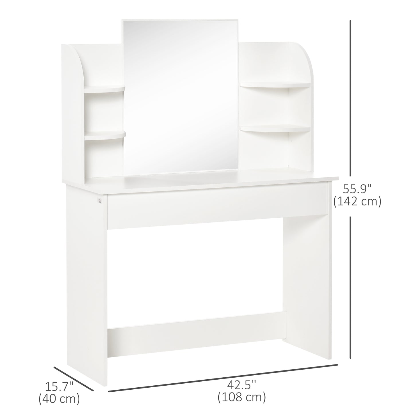 HOMCOM Vanity Desk with Mirror, Makeup Vanity with Open Shelves and Drawer, Dressing Table for Bedroom, White