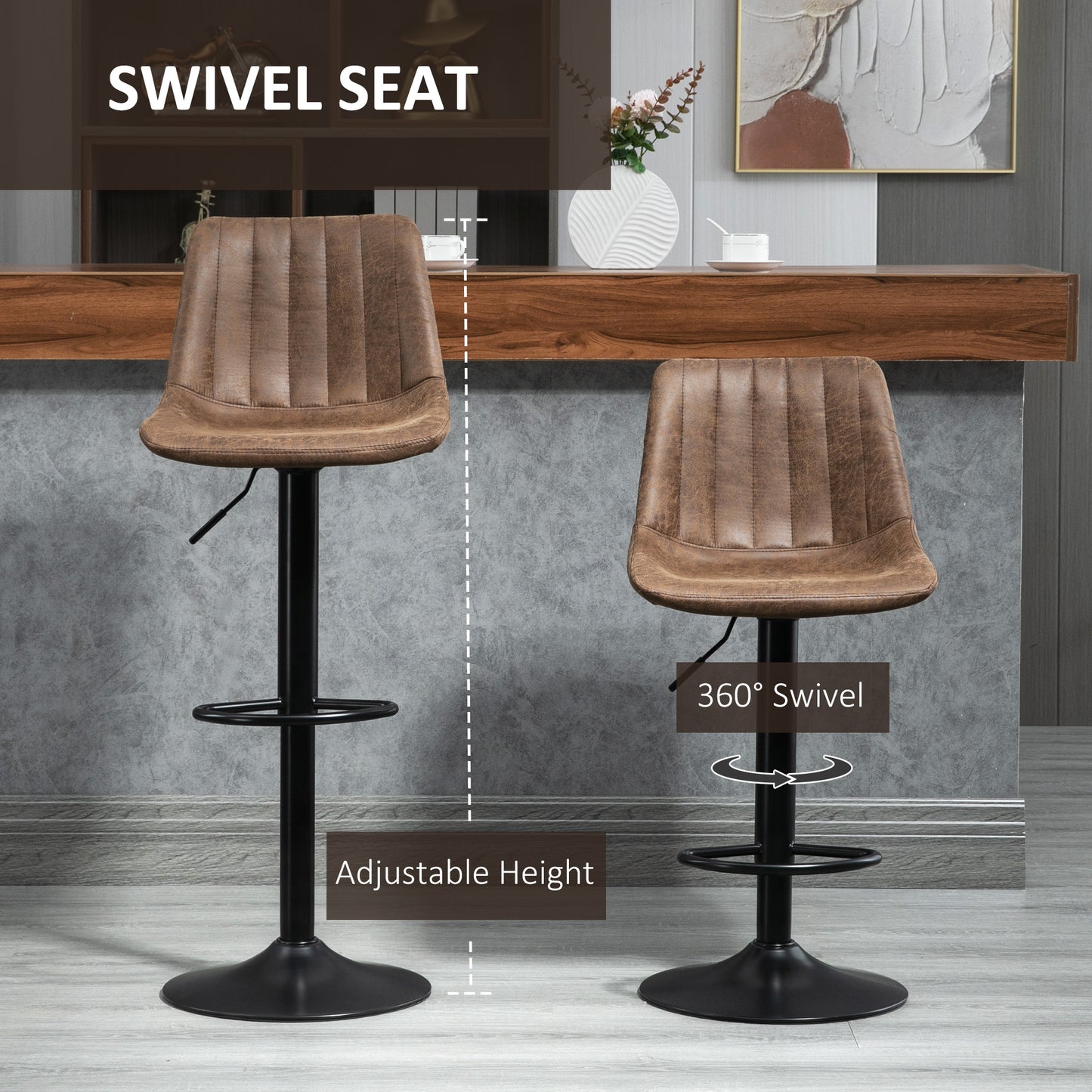 HOMCOM Adjustable Bar Stools Set of 2, Leathaire Swivel Barstools with Back and Footrest, Upholstered Bar Chairs for Kitchen, Dining Room, Home Pub, Brown